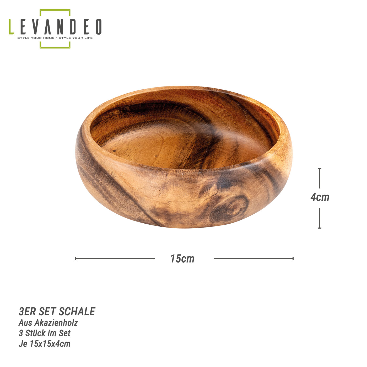 3er Set Snackschale Holz Akazie Ø15cm Rund Schale Obstschale Dekoschale Deko