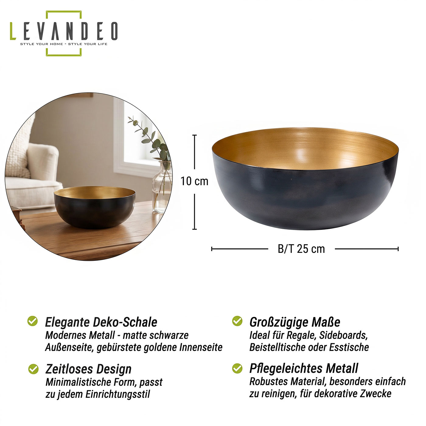 Schale Rund Ø25cm Schwarz Gold Metall Schüssel Dekoschale Tischdeko Aufbewahrung