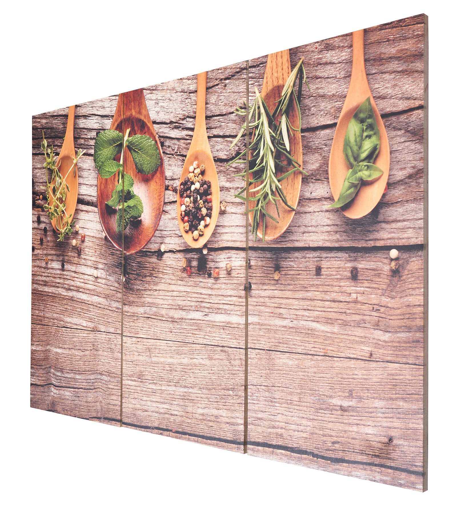 3er Set Wandbild 90x60cm Holz Birkenholz Kräuter Gewürze Küche Holzbild Wanddeko