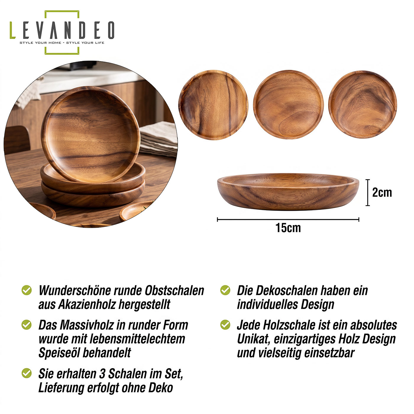 3er Set Snackschale Holz Akazie 15x15cm Rund Schale Obstschale Dekoschale Teller