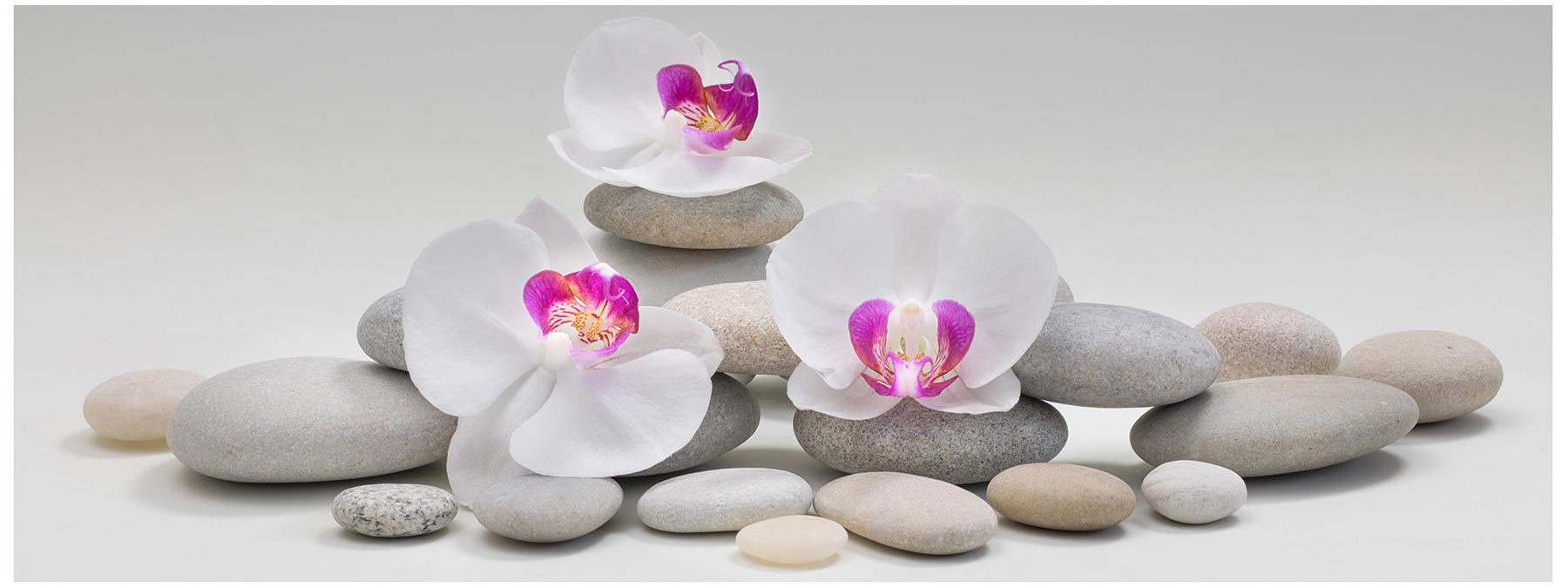 Glasbild 80x30cm Wandbild aus Glas weiße Orchideen Steine Wellness