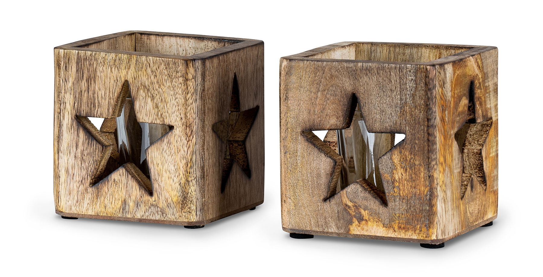 2er Set Windlicht Stern 9cm Mangoholz Teelicht Glaseinsatz Teelichthalter Kerze