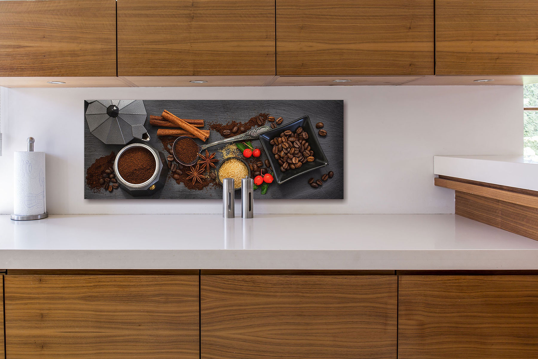Glasbild 80x30cm Wandbild Glas Kaffee Gewürze Küche Deko Wanddeko Coffee Wohnen