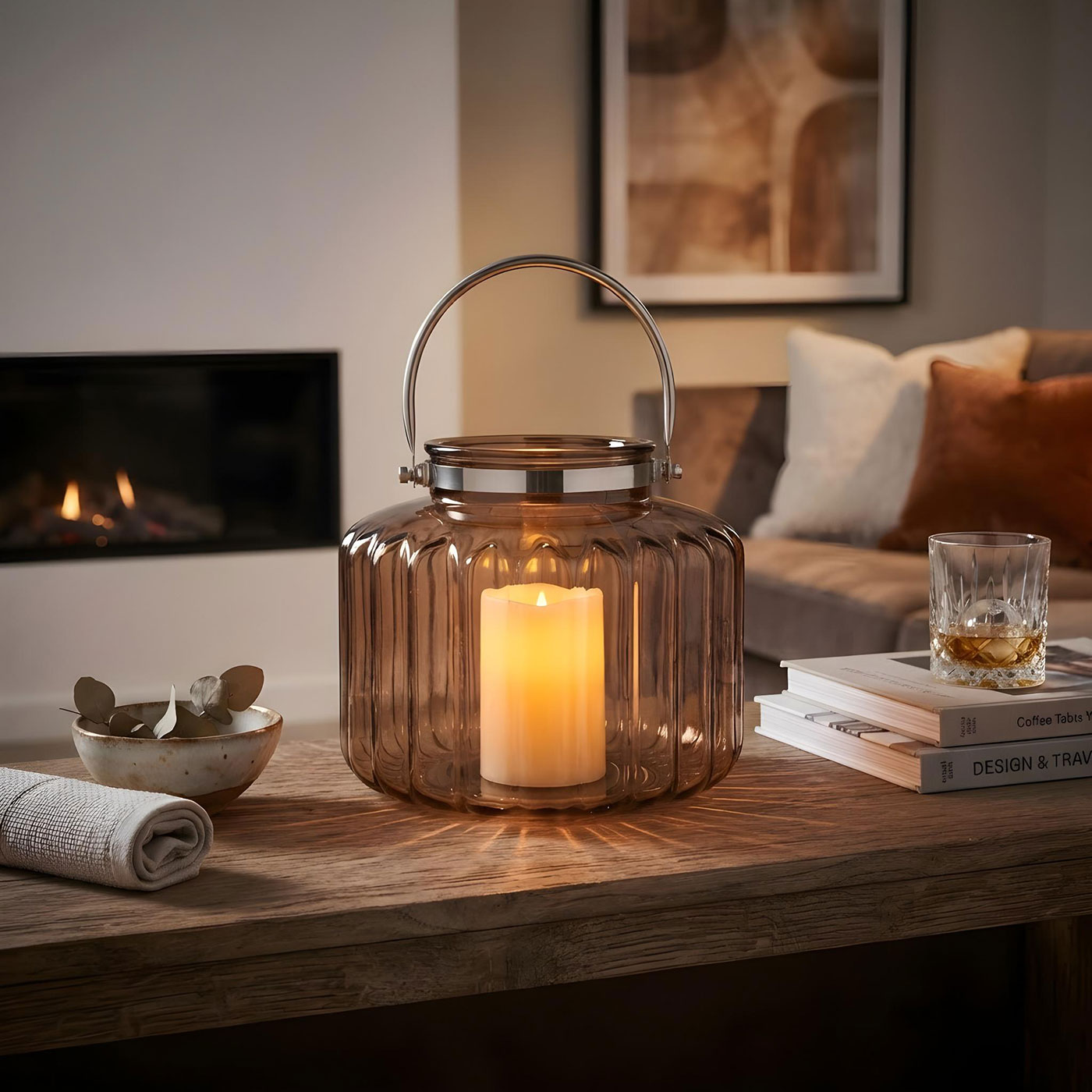 Windlicht Braun Glas H35cm Laterne Kerzenhalter Rillen Herbstdeko Tischdeko