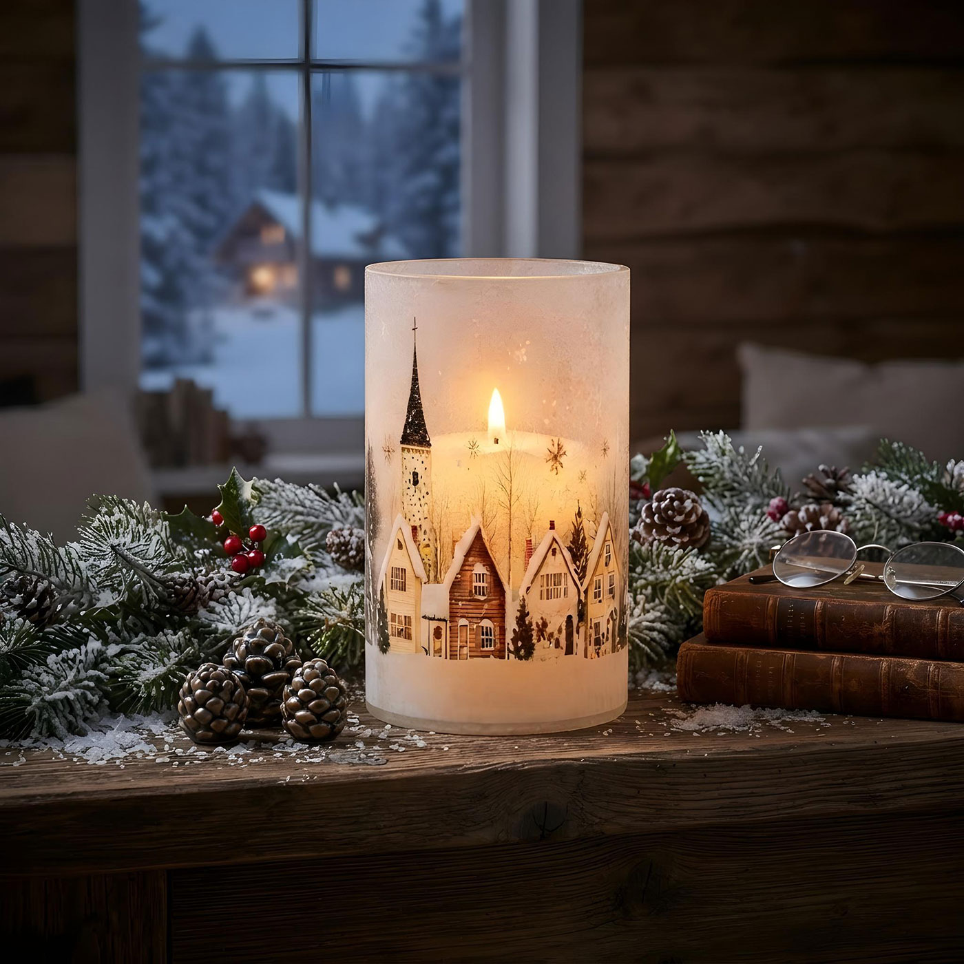 Windlicht H20cm Crackle Glas Teelichthalter Winter Weihnachten Kerzen Tischdeko
