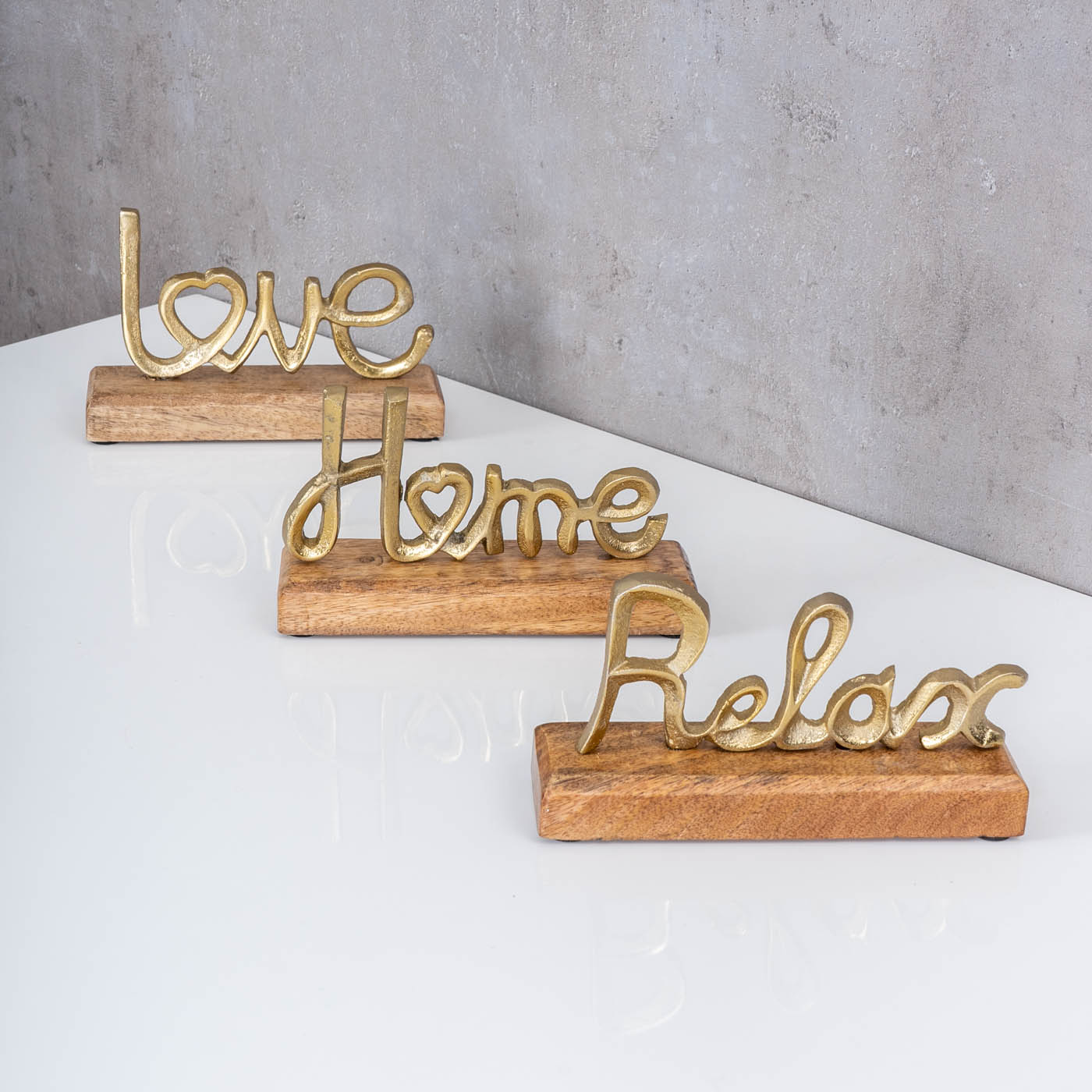 3er Set Schriftzug Love Home Relax Gold Mango Holz Metall Aufsteller Deko