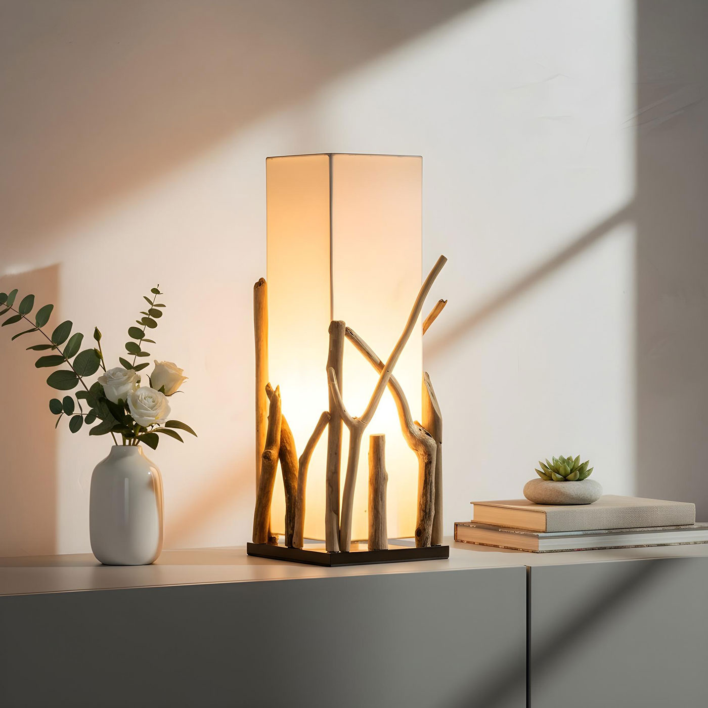 levandeo Lampe Tischlampe H50cm Treibholz Holzlampe Design Tischleuchte Tischdeko