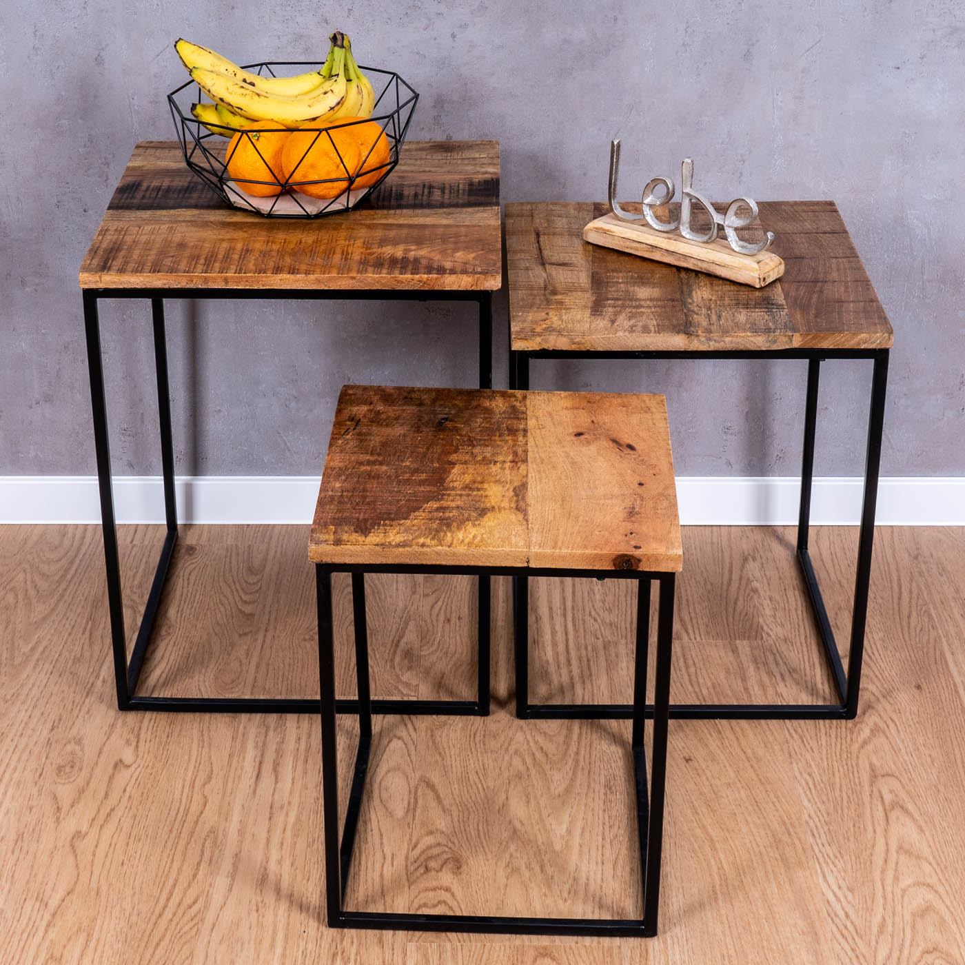 3er Set Beistelltisch Mango Natur Eisen Schwarz Design Holz Couchtisch Deko