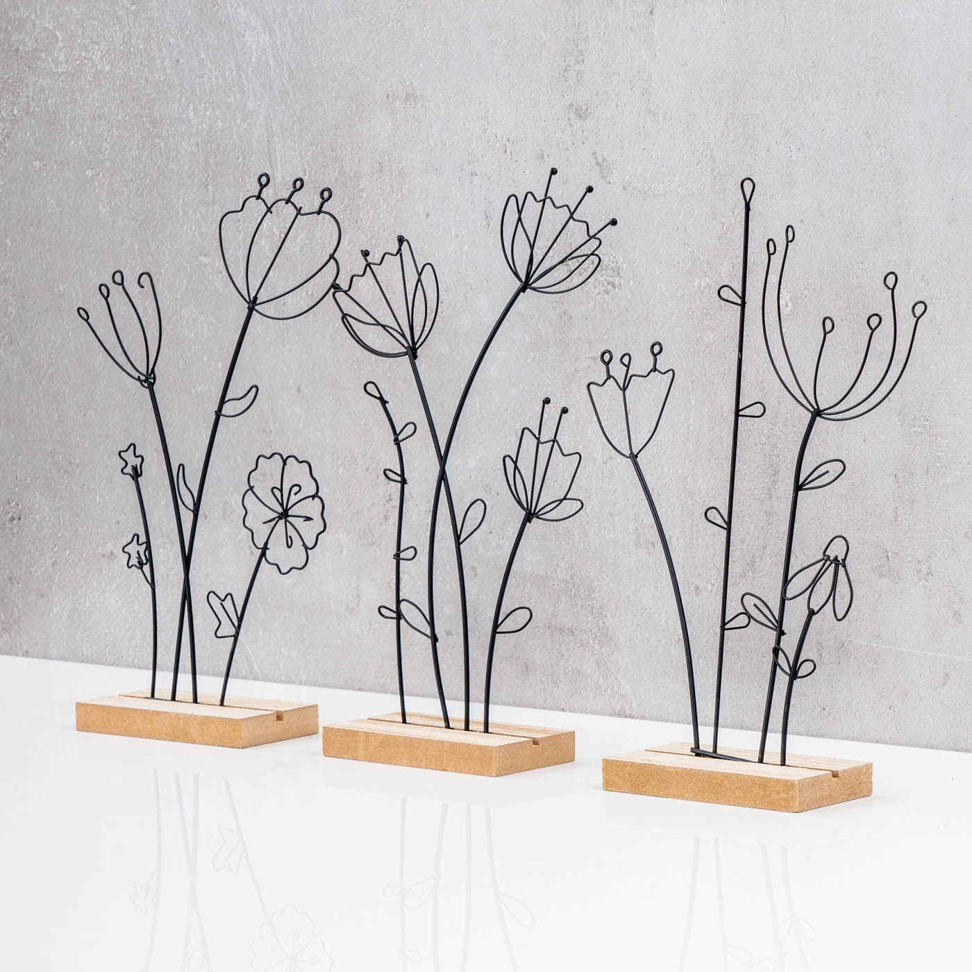 3er Set Aufsteller Blume Metall MDF Schwarz Natur Draht Deko Tischdeko Frühling