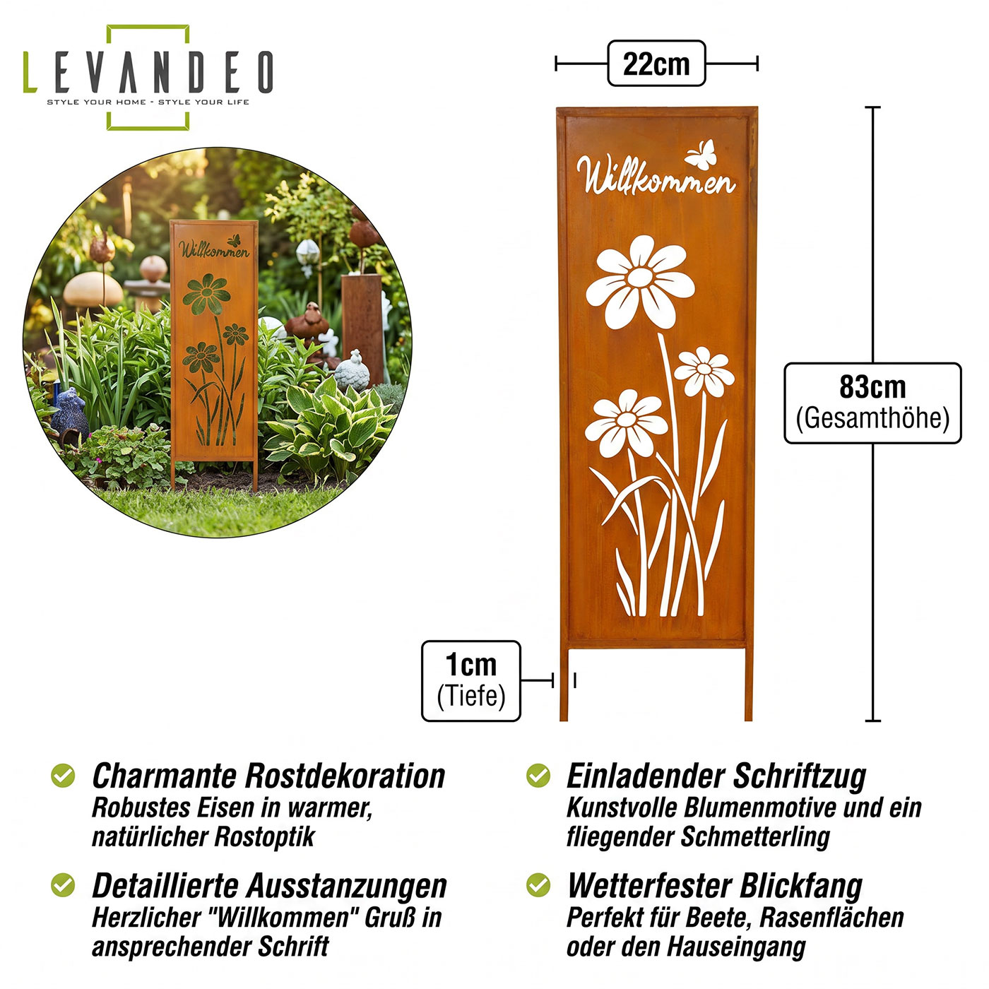 Gartenstecker Willkommen H83cm Stele Rost Rostdeko Braun Garten-Deko Edelrost