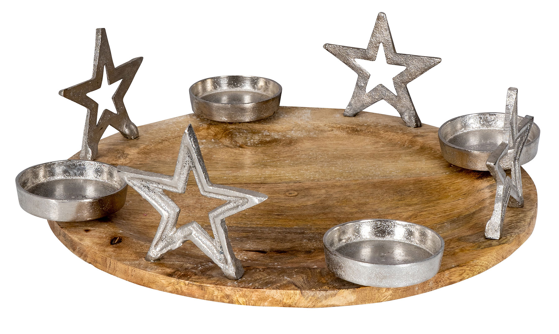 Adventskranz ø36cm Mango Holz Silber Natur Kerzenhalter Sterne Weihnachten Deko