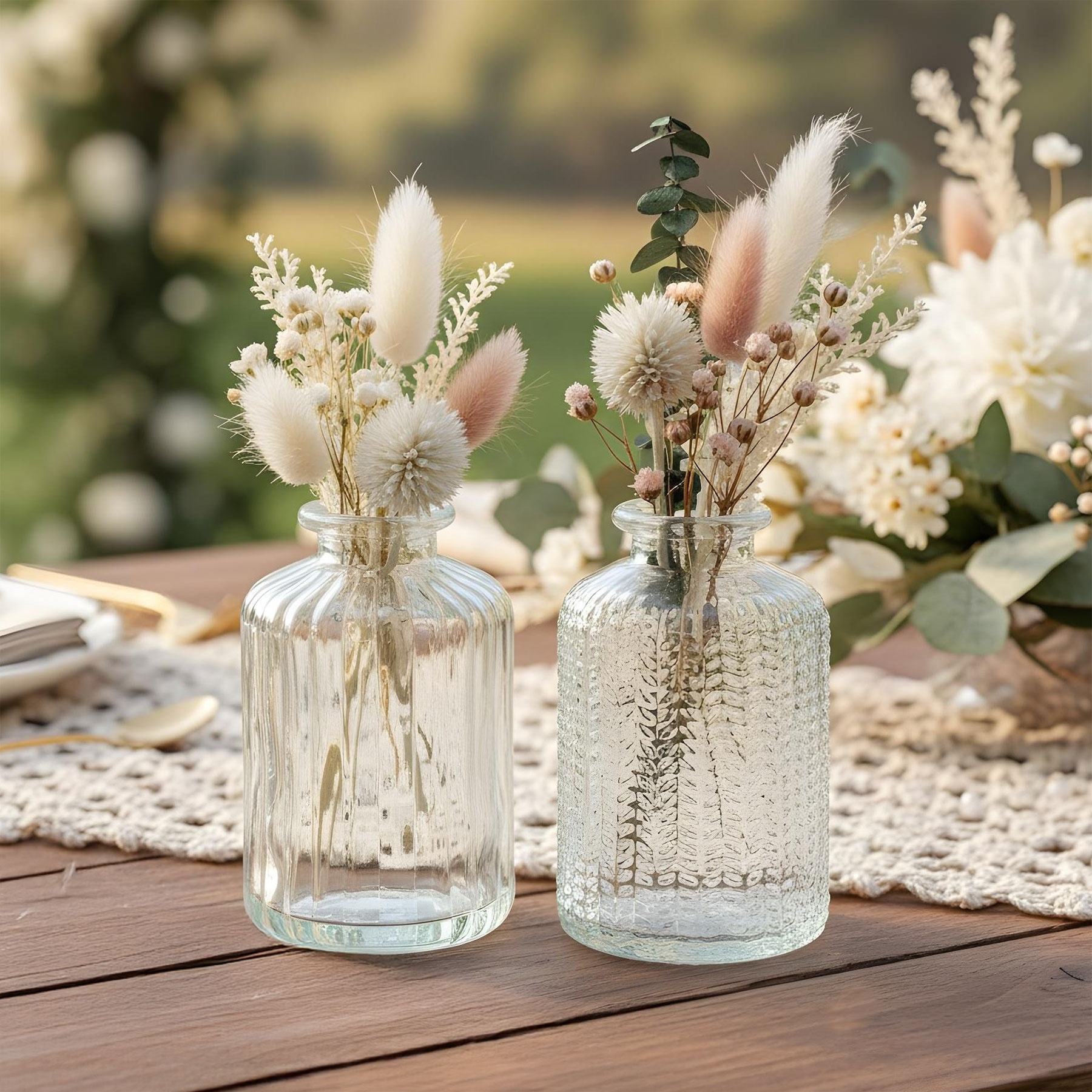 2er Set Glas Vasen 10cm Transparent Retro Muster Deko Blumenvasen Vintage Deko