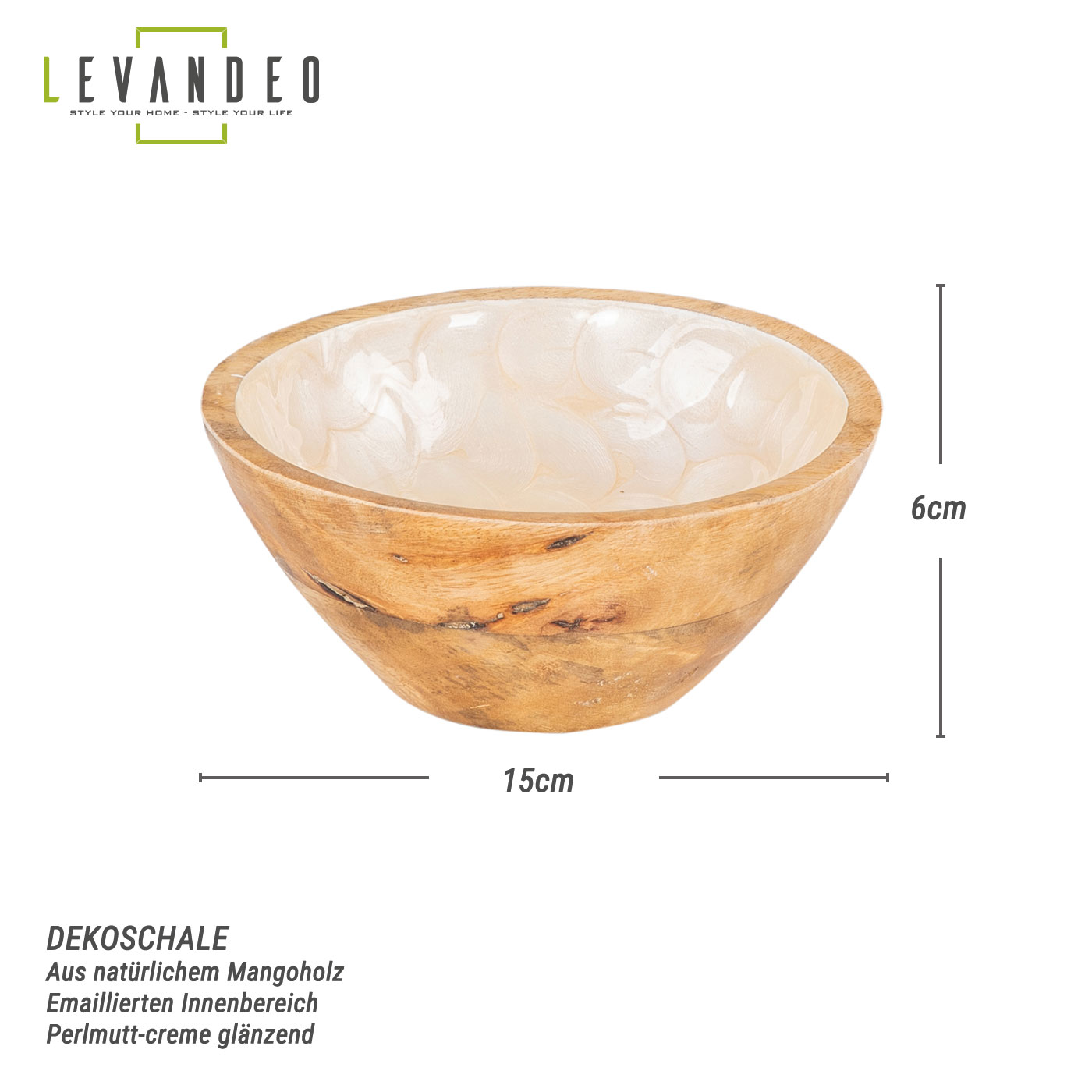 Schüssel 15cm Mango Holz Creme Perlmutt Emaille Schale Bowl Salatschüssel Deko