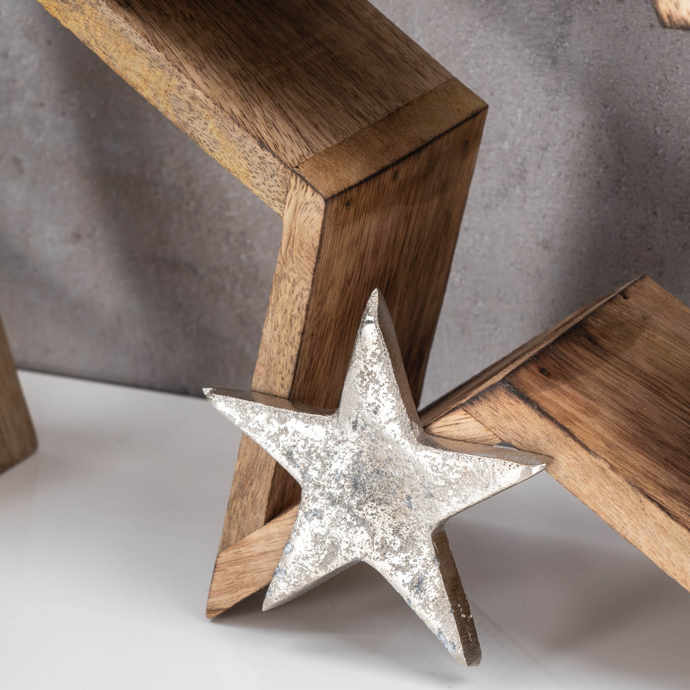 2er Set Sterne 25-33cm Mango Holz Natur Braun Silber Weihnachtsdeko Tischdeko