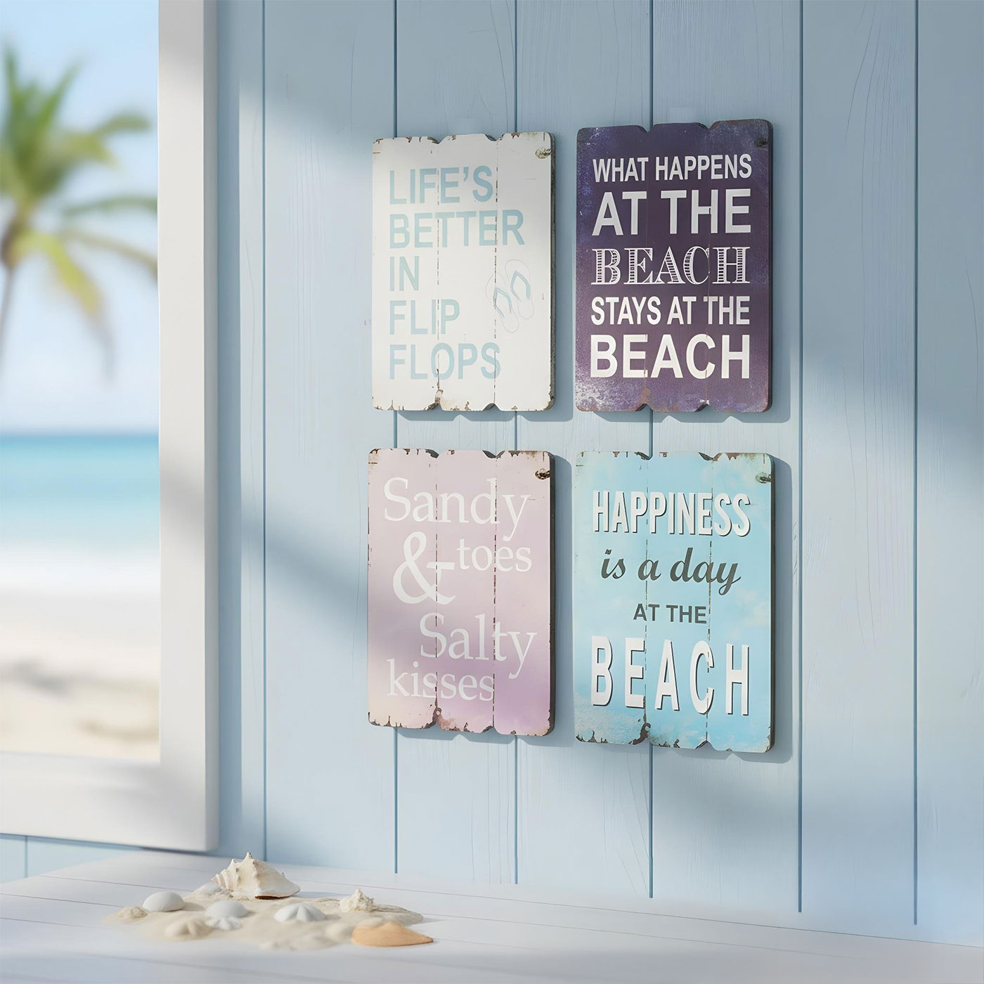 4er Set Wandbilder Strand Meer MDF Holz Dekoschild Shabby Beach Maritim Wanddeko