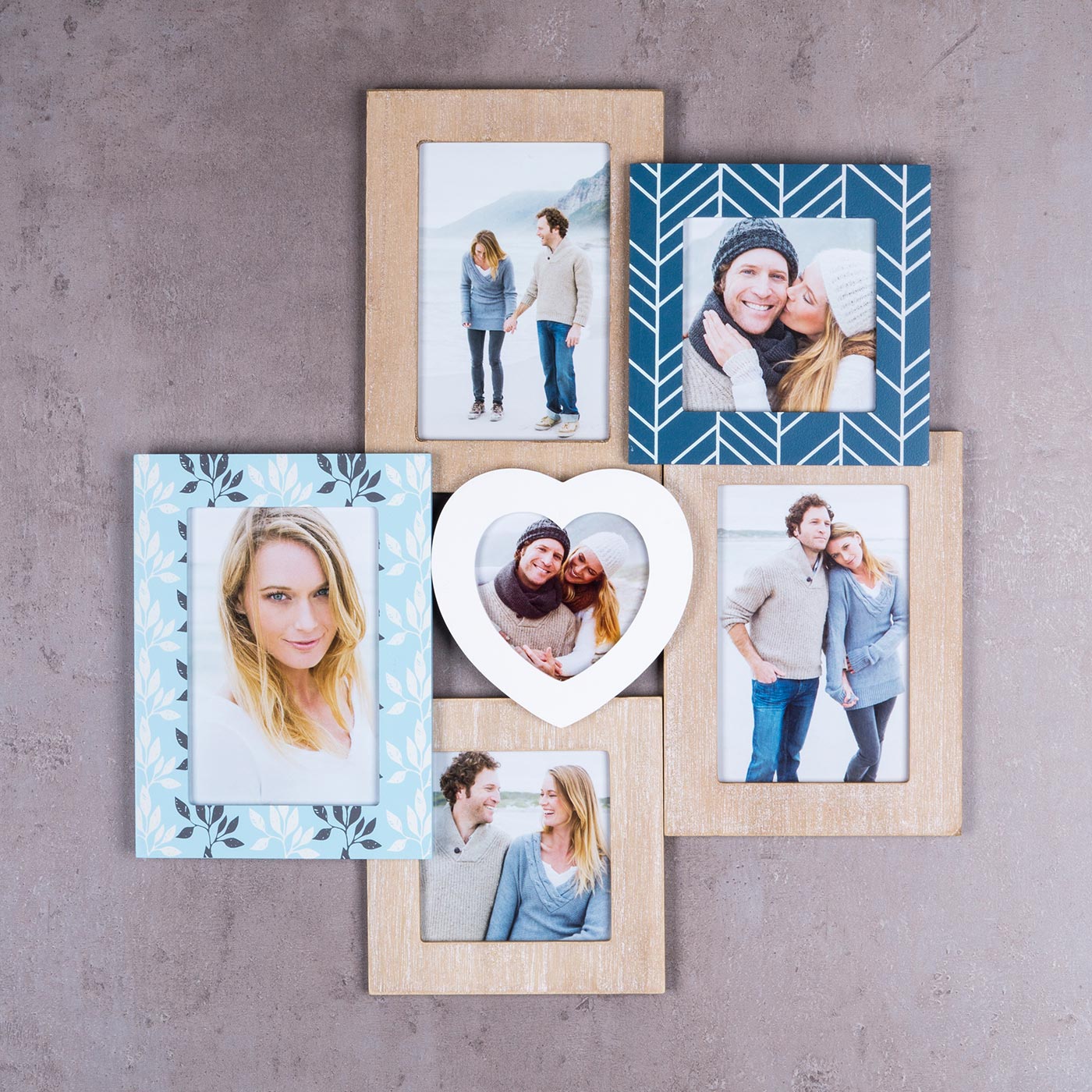 Fotocollage 6 Fotos Bilderrahmen MDF Holz Blau Weiß Bildergalerie Wanddeko Herz
