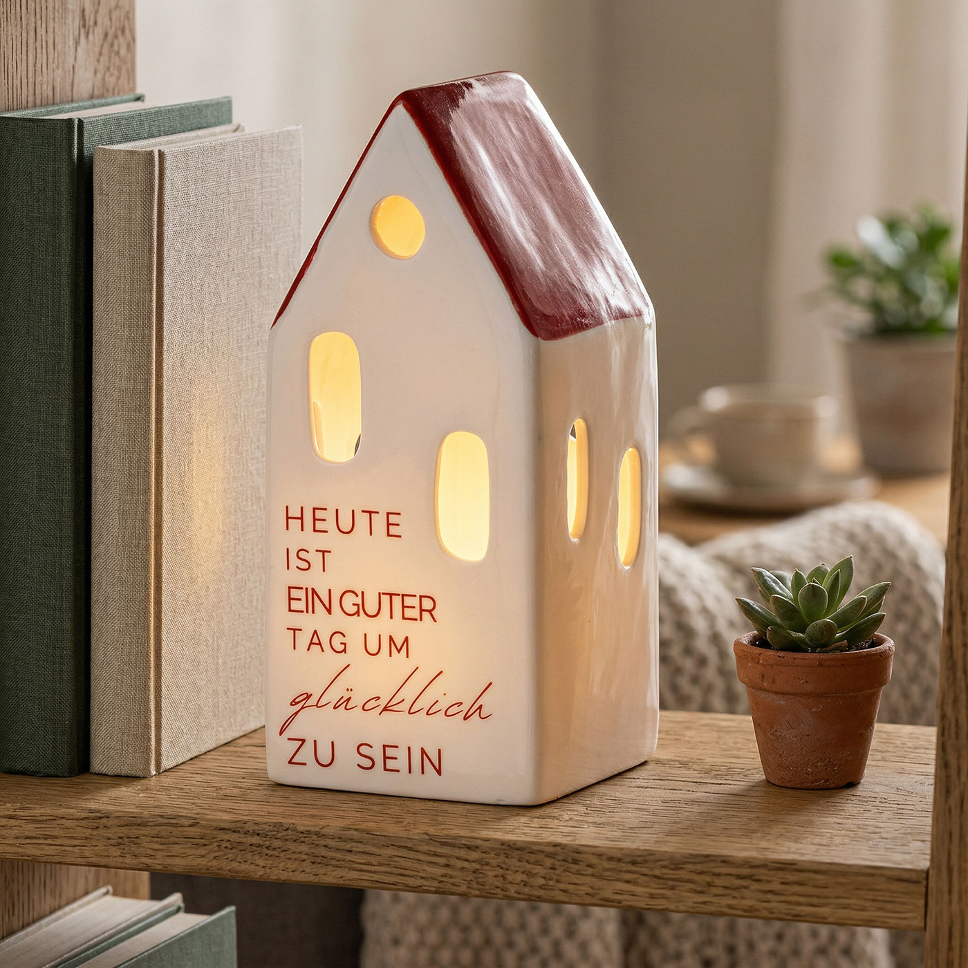 LED Haus Weiß Rot Porzellan Tischdeko Spruch Deko Aufsteller Schriftzug Lichthaus