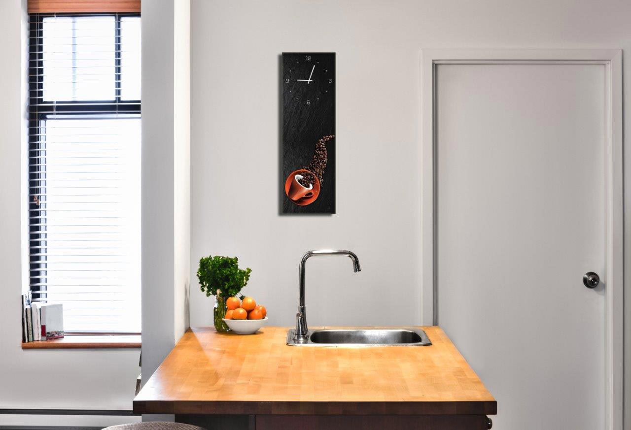 Wanduhr aus Glas 20x60cm Uhr als Glasbild Kaffee Bohnen Design Deko