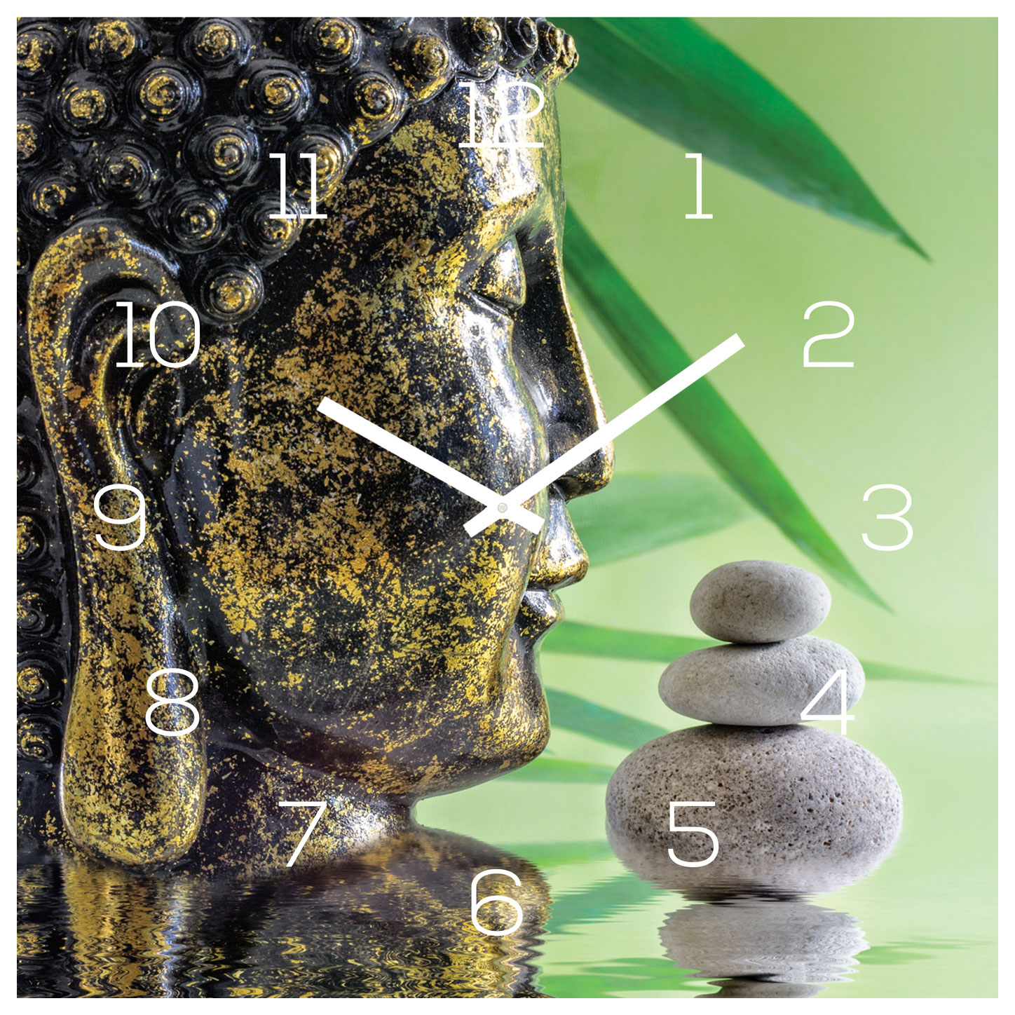 Wanduhr Glas 30x30cm Uhr Glasbild Buddha Kopf Steine Grün Wellness Wanddeko