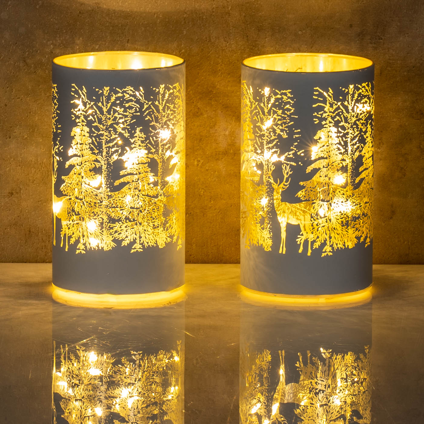 2er Set LED Windlicht H13cm Lichterkette Deko Glas Wald Weihnachten Tischdeko