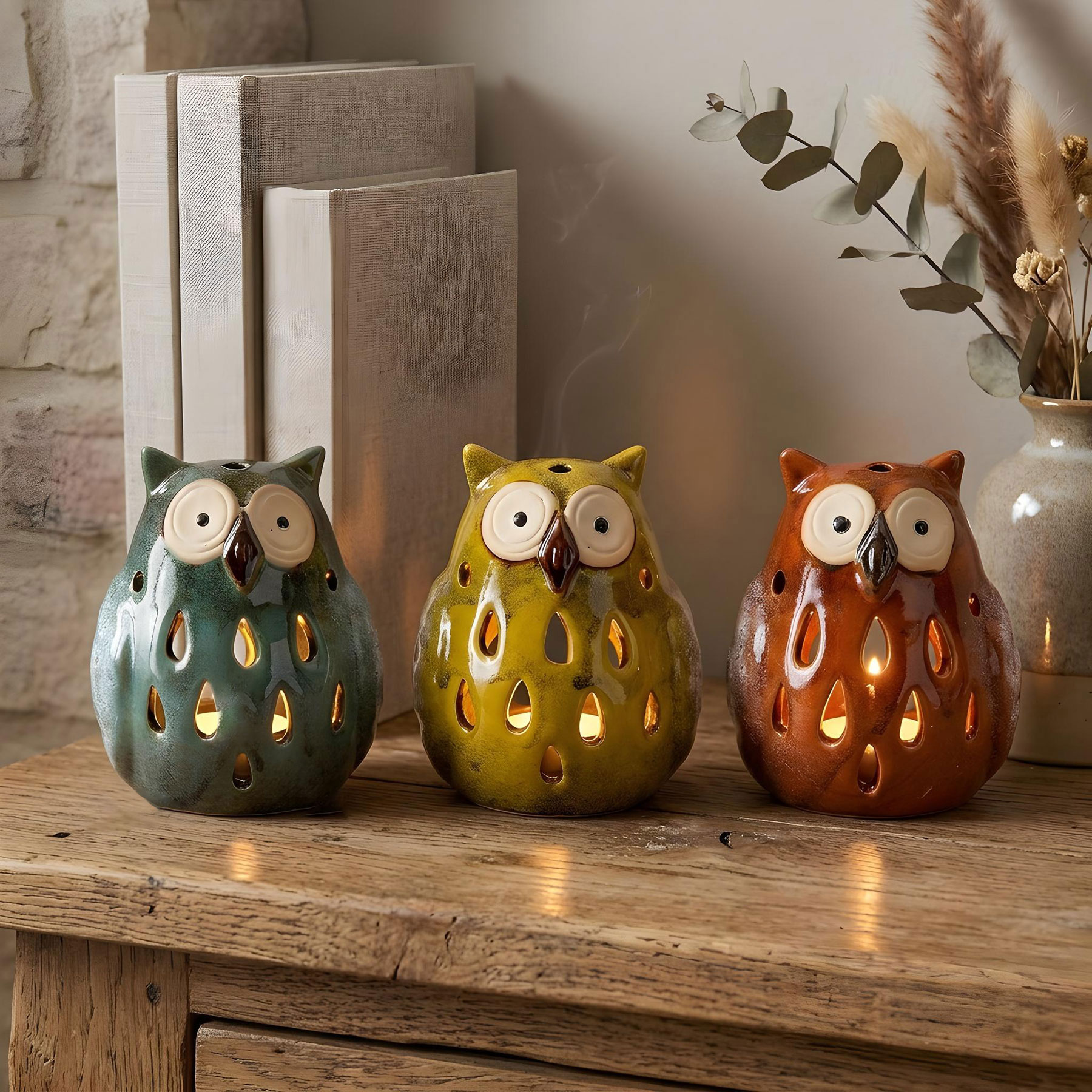 3er Set Kerzenhalter Eule H11cm Windlicht Orange Gelb Grün Herbstdeko Tischdeko