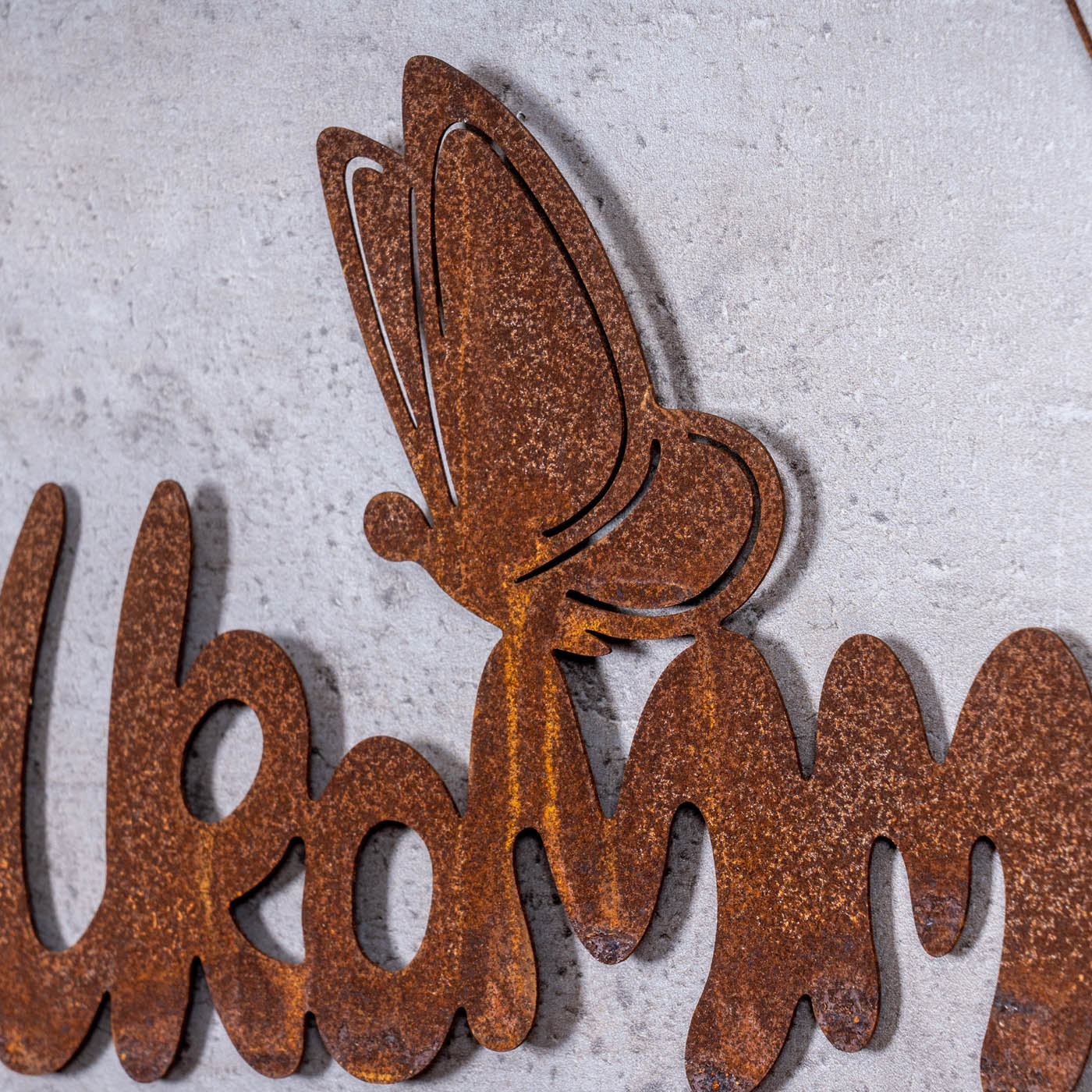 Schild Willkommen 38x14cm Gartendeko Türschild Edelrost Schriftzug Schmetterling