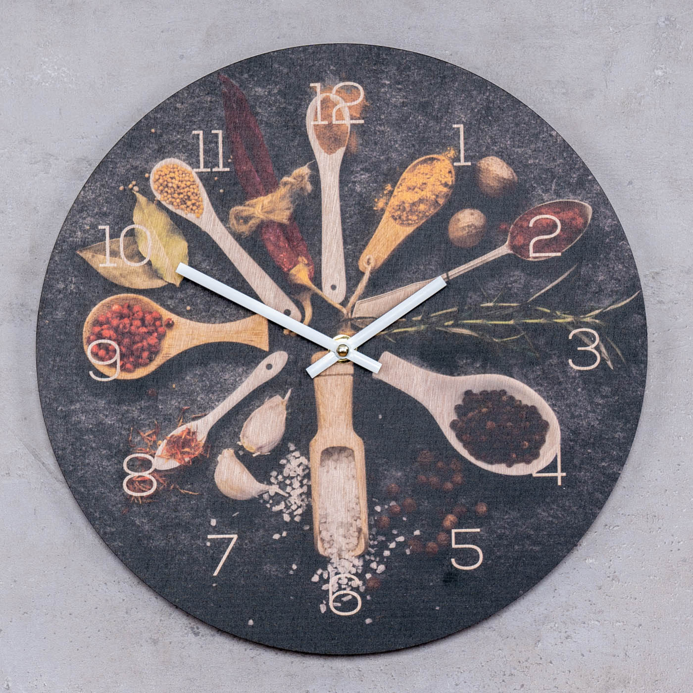 Wanduhr Holz 30x30cm Rund Uhr Holzbild Gewürze Küche Kräuter Wanddeko Holzuhr
