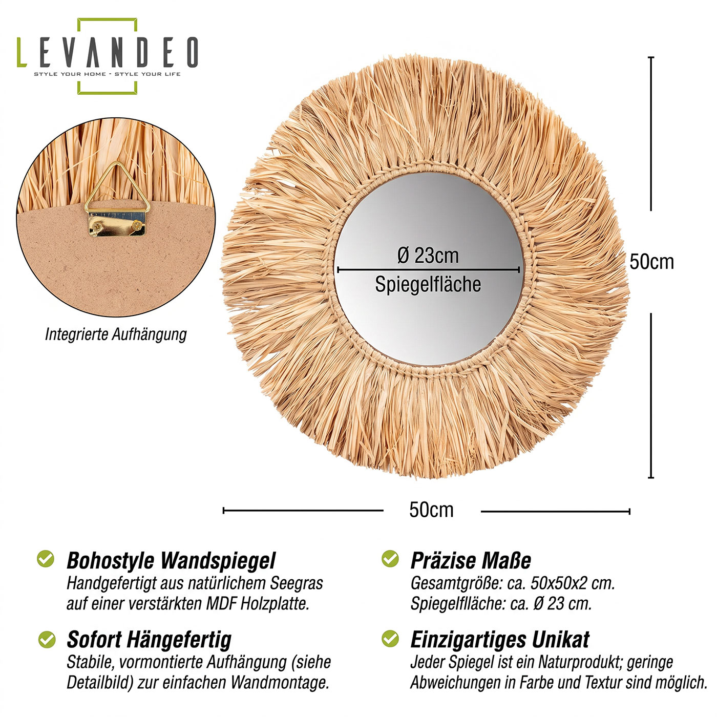 Wandspiegel Seegras Ø 50cm Spiegel Rund Flurspiegel Wanddeko Boho Deko Natur