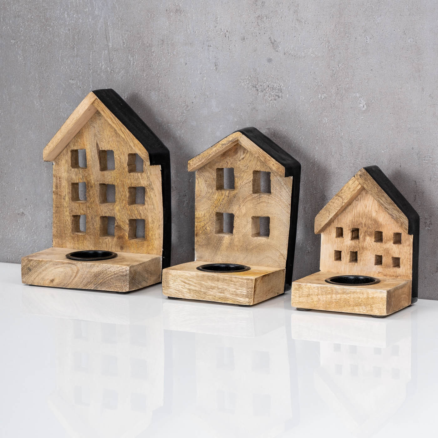 3er Set Teelichthalter H12-19cm Mango Holz Haus Kerzenhalter Braun Schwarz Deko