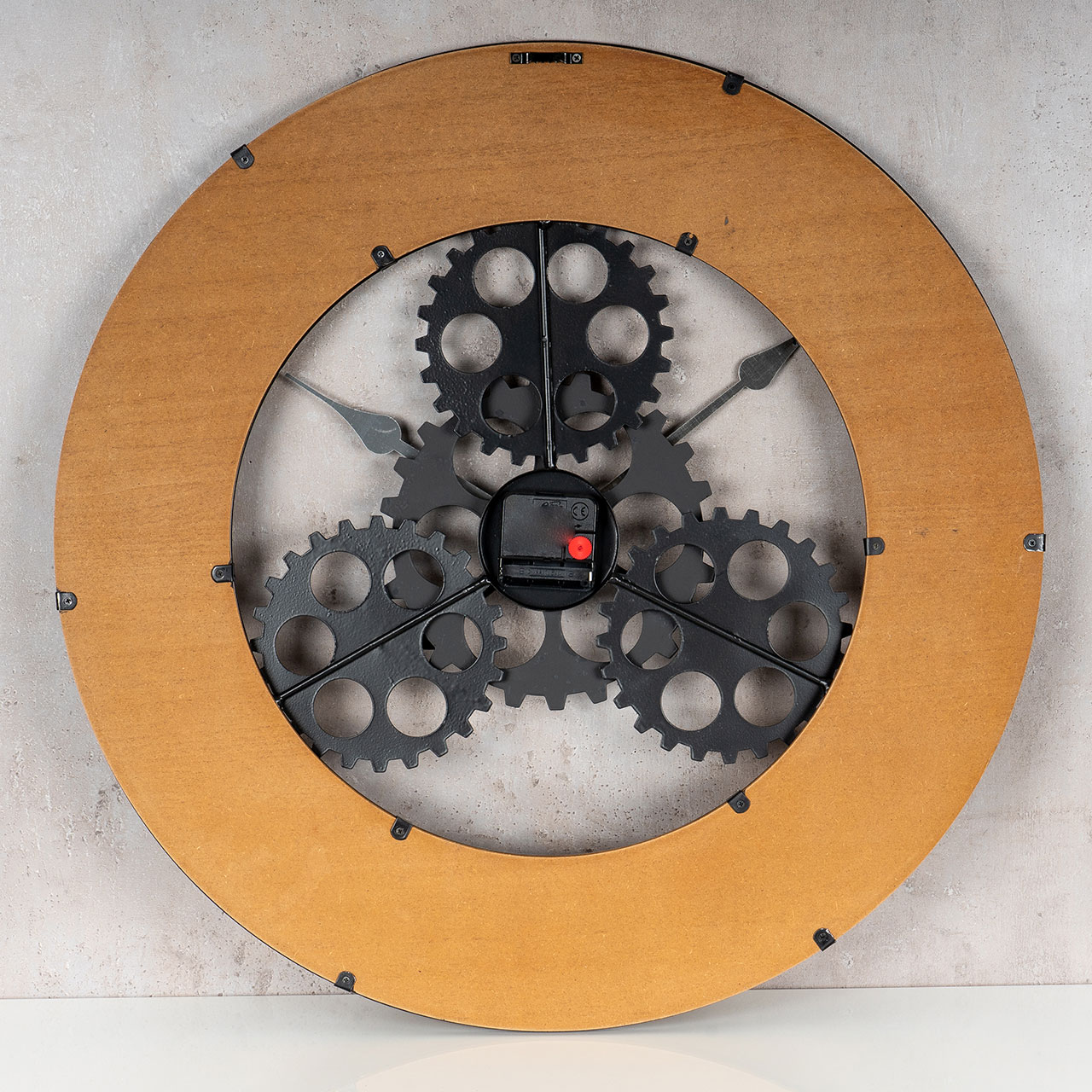XXL Wanduhr 56 cm Rund Zahnrad Uhr Braun Schwarz Großuhr Industrie-Design Holz