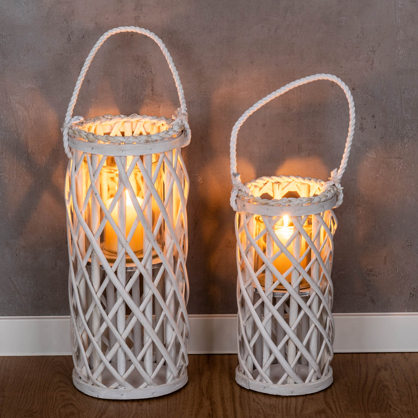 2er Set Laterne Windlicht H40cm H31cm Weiß Holz Weide Kerzenhalter Garten Deko