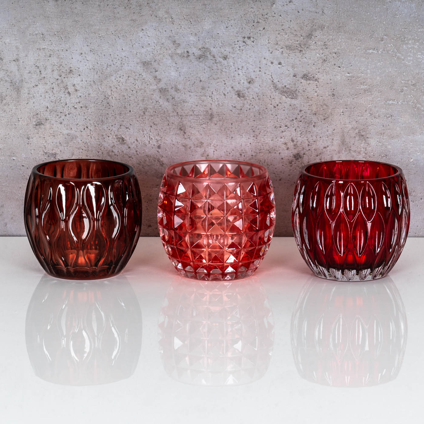 3er Set Windlichter 10x8,5cm Rot Glas Deko Teelichthalter Kerze Tischdeko Retro