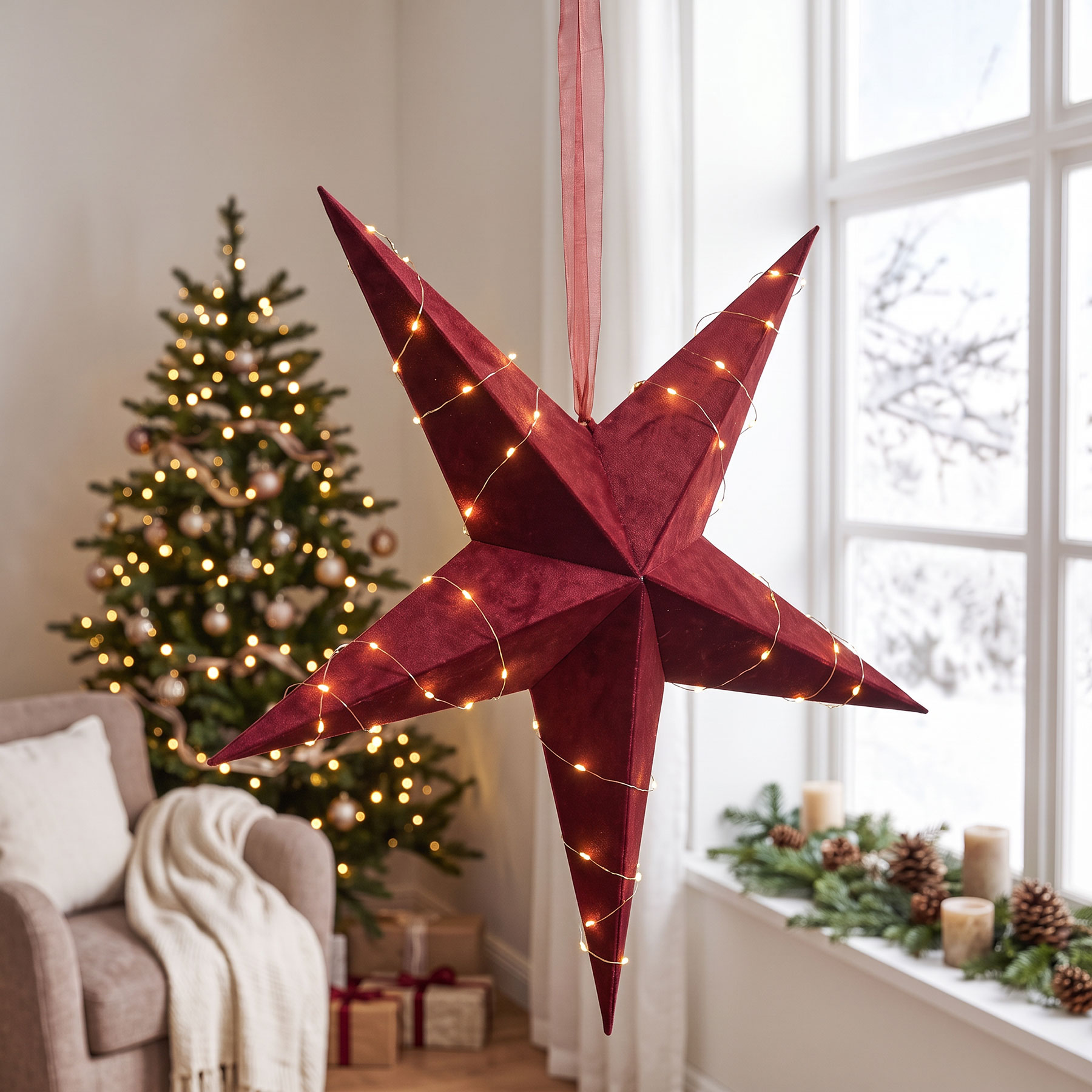 Leuchtstern Rot 5 Zacken Samt Weihnachtsstern Deko Stern Lampe Lichterkette