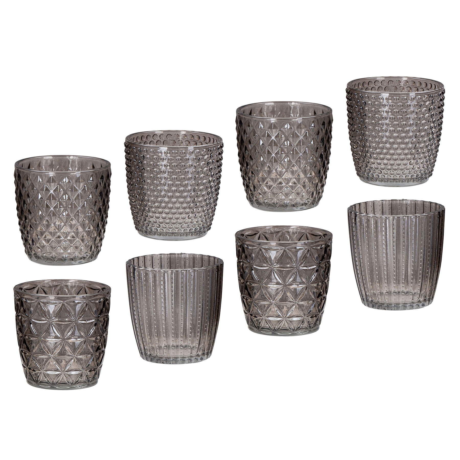 8er Set Windlicht H7,5cm Glas Grau Teelichthalter Tischdeko Kerzen Retro Deko