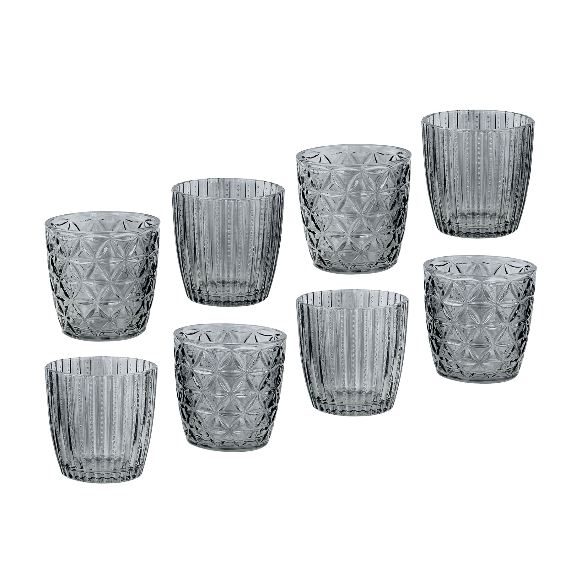 8er Set Windlicht H7,5cm Glas Grau Teelichthalter Tischdeko Kerzen Retro Deko