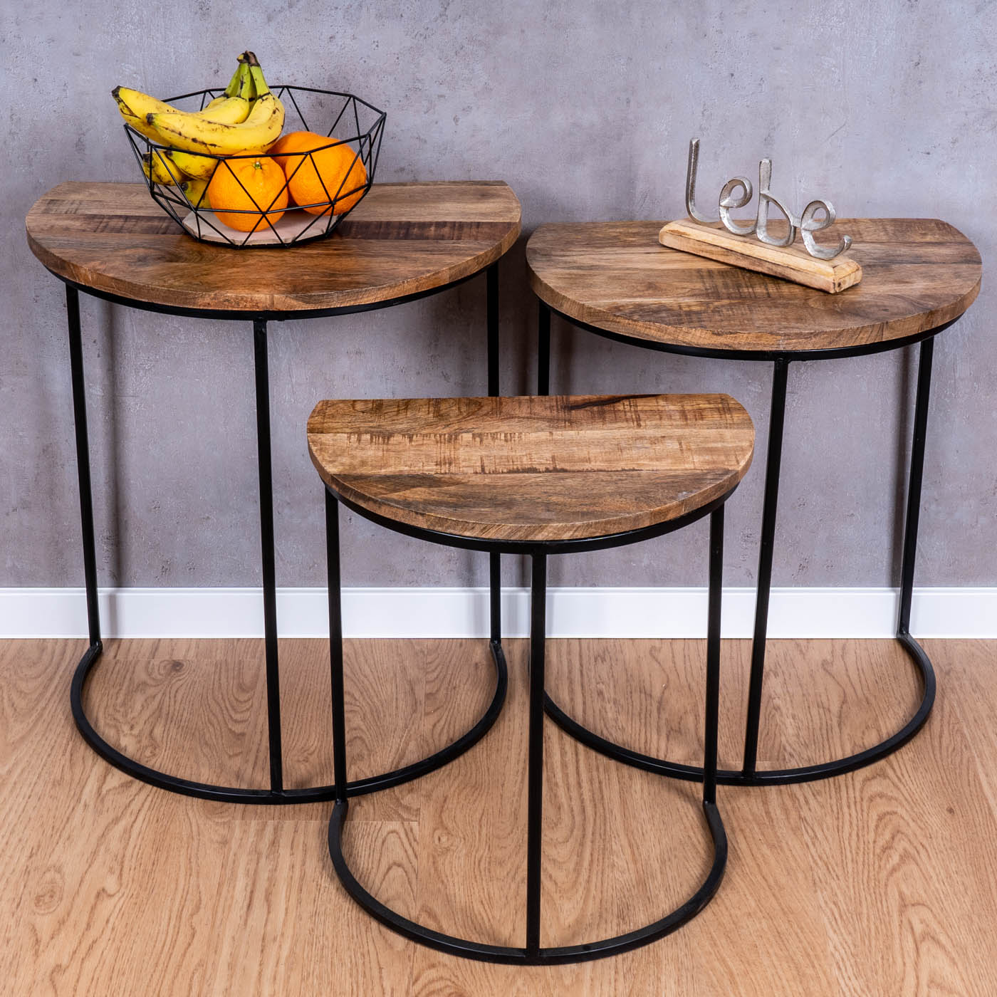 3er Set halbrunde Couchtische Mango Natur Eisen Schwarz Design Holz Beistelltisch