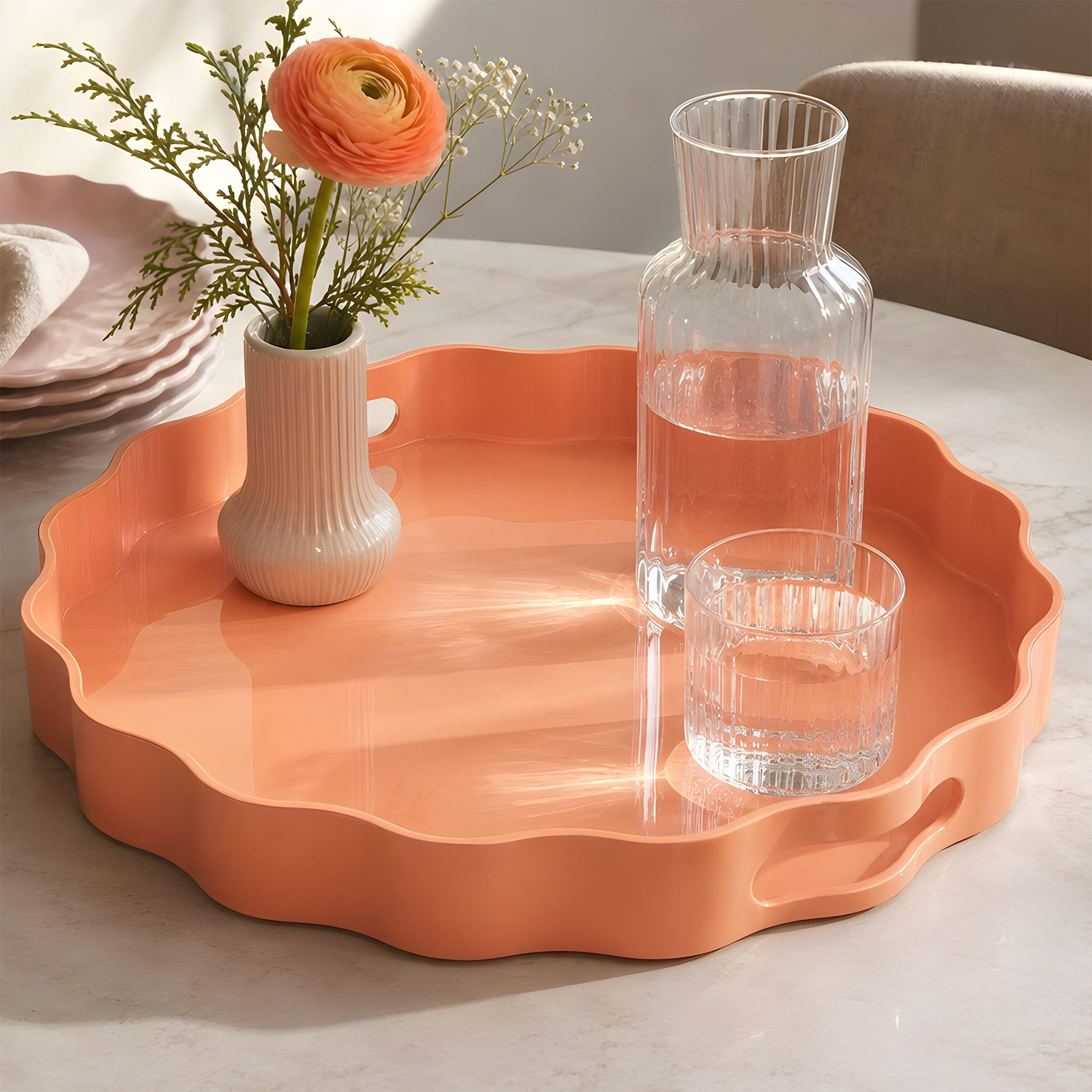 Deko Tablett mit Griffen 33cm Rund Pastell Apricot Serviertablett Welle Tischdeko