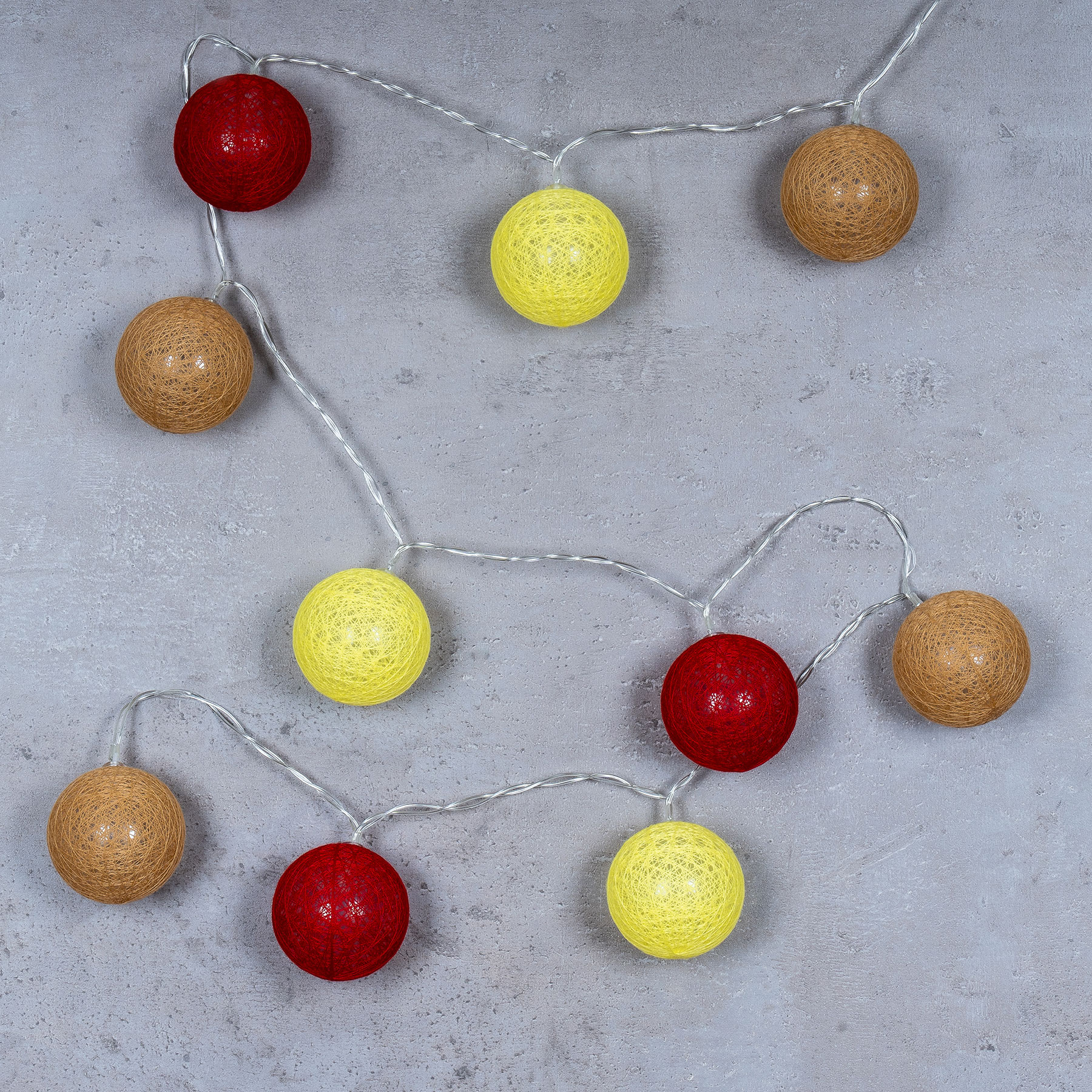10er Lichterkette LED Ø6cm Kugeln Girlande Lampions Baumwolle Rot Gelb Deko