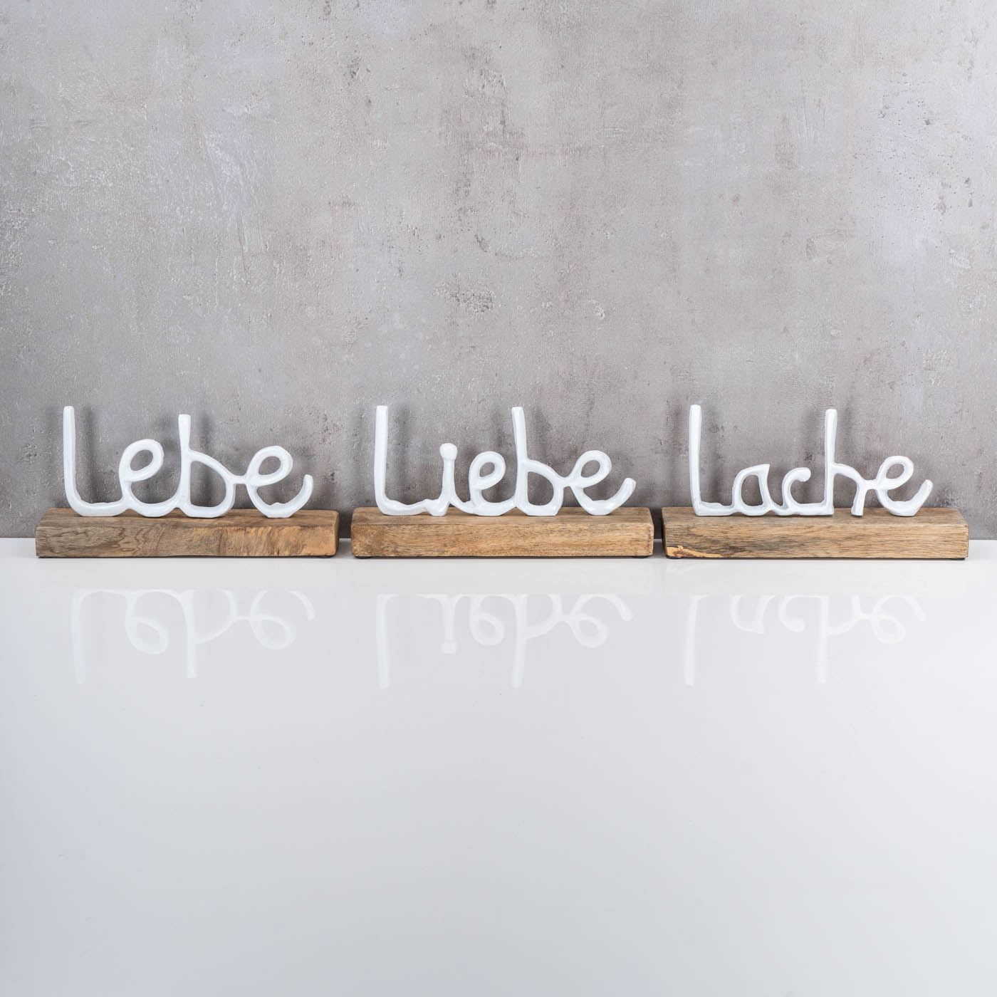 3er Set Schriftzug Lebe Lache Liebe L22cm Metall Weiß Mango Holz Tisch-Deko