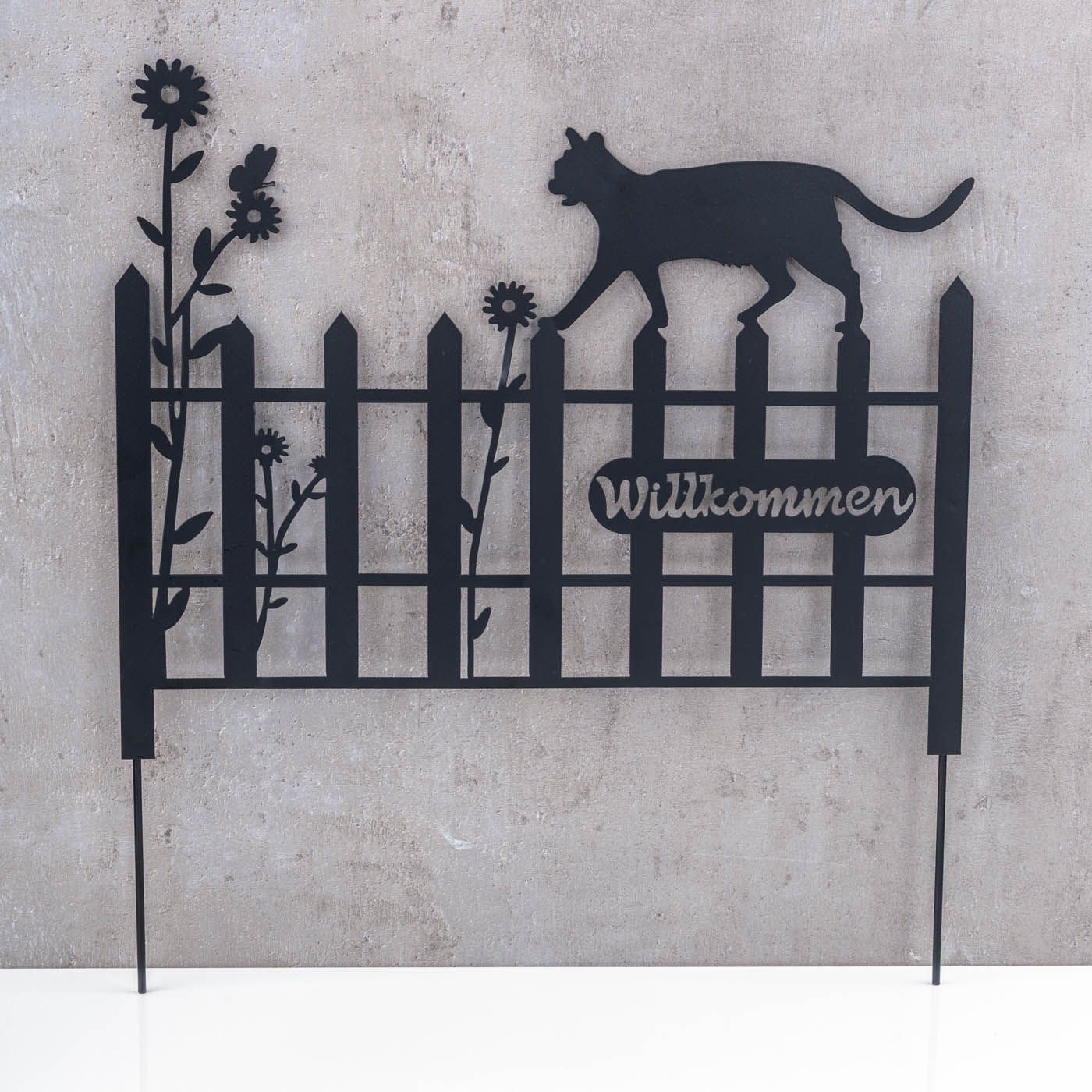 Gartenstecker Metall Katze 37x40cm Garten Zaun Schwarz Willkommen Gartendeko