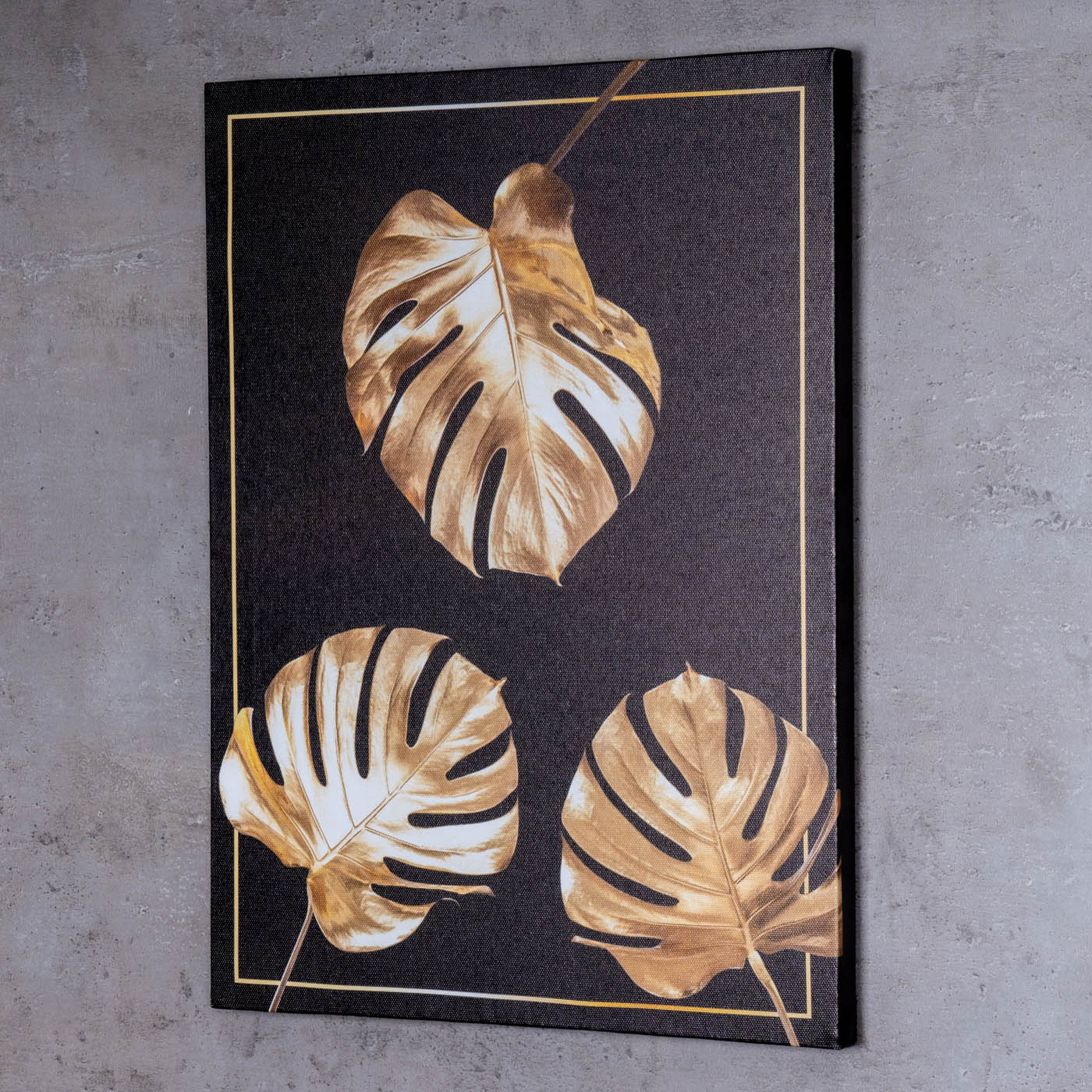3er Set Wandbilder 30x40cm Blätter Schwarz Gold Wanddeko Monstera Leinwand Deko