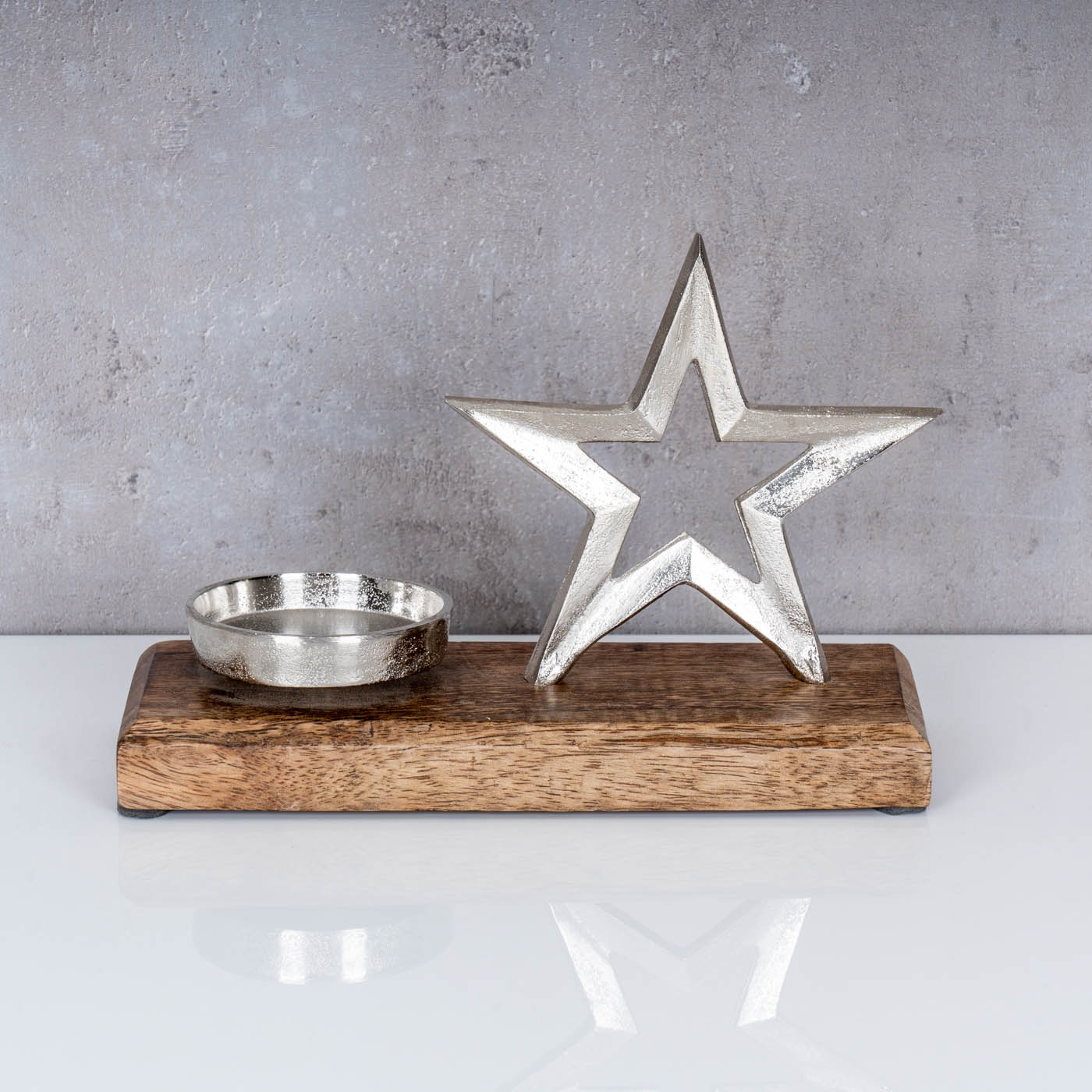 Metallstern Kerzenhalter 23x15cm Metall Mango Silber Stern Braun Tischdeko Holz