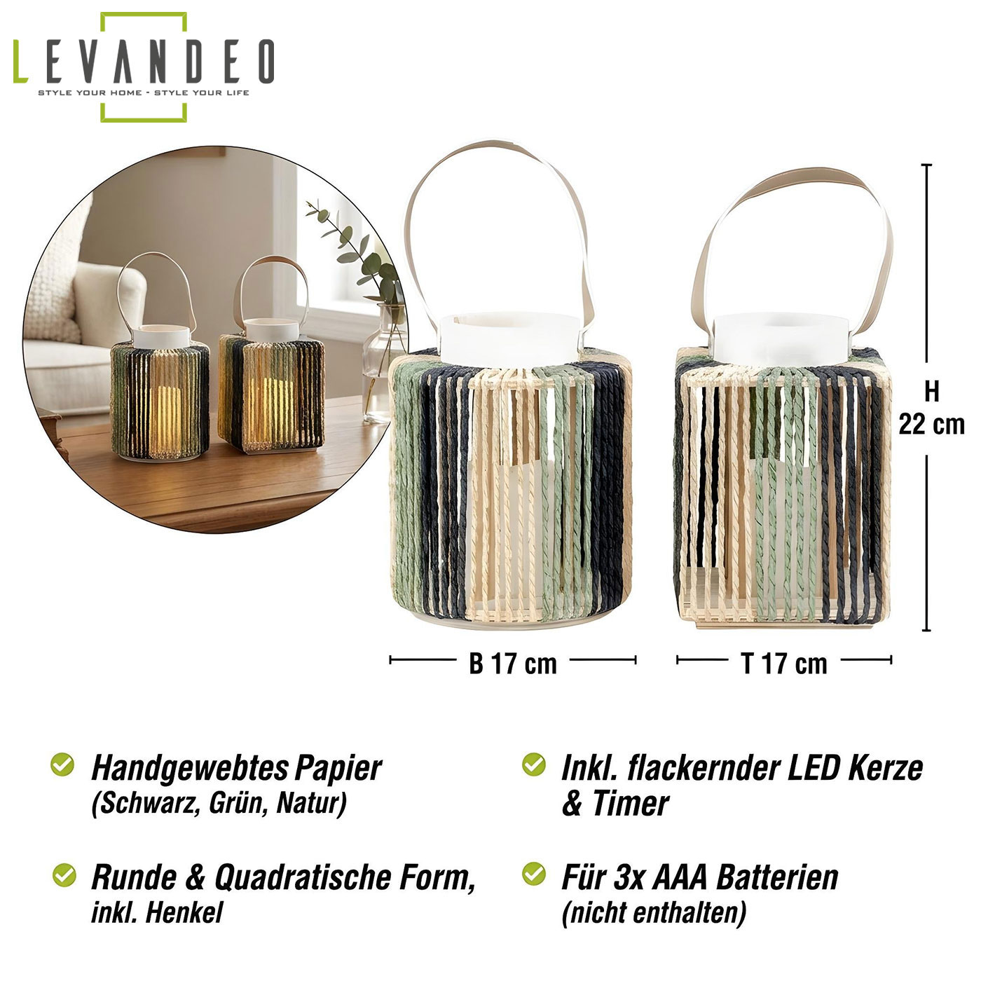 2er Set Laterne LED Kerze H22cm Timer Schwarz Grün Natur Papier MDF Boho Deko
