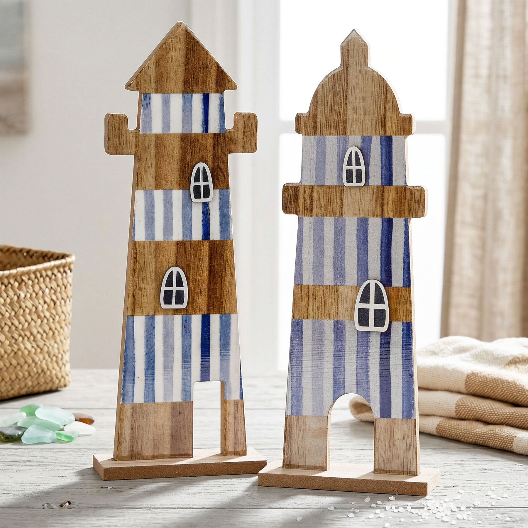 2er Set Deko Aufsteller Leuchtturm H31cm Blau Weiß Natur Maritime Deko Tischdeko