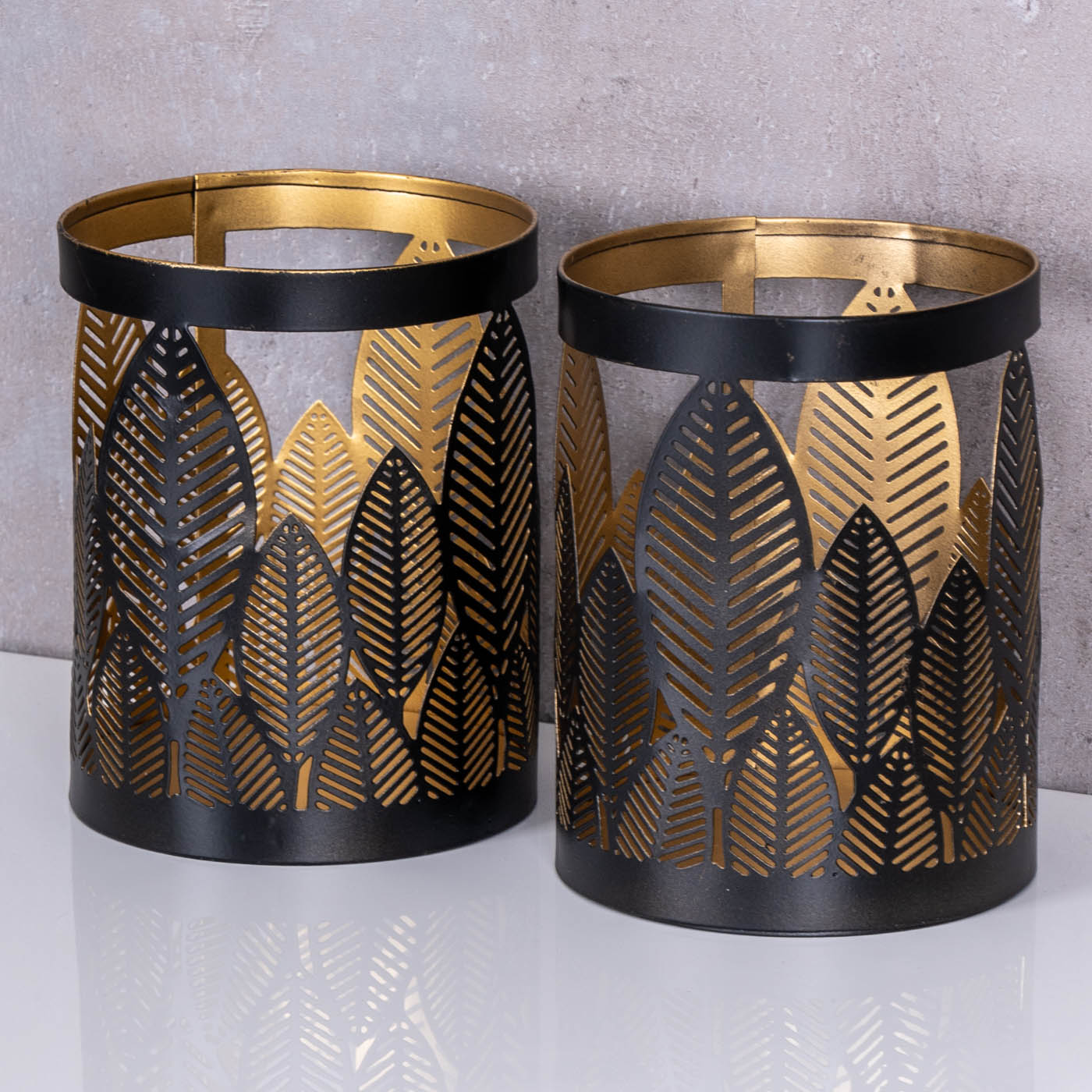 2er Set Windlicht 10x13cm Schwarz Gold Metall Teelichthalter Blattdekor Tischdeko