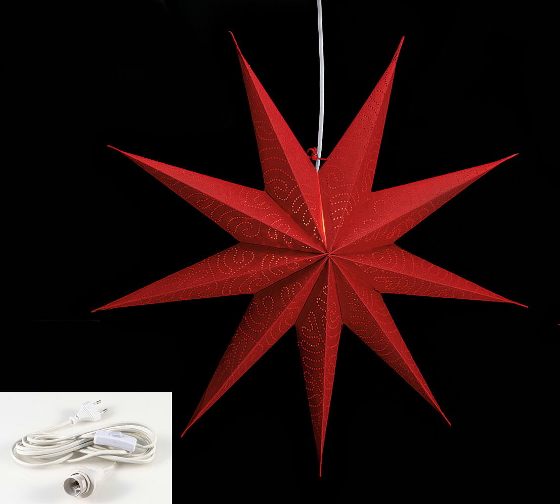 Leuchtstern 9 Zacken rot 60cm Papiertstern Weihnachtsstern inkl Kabel