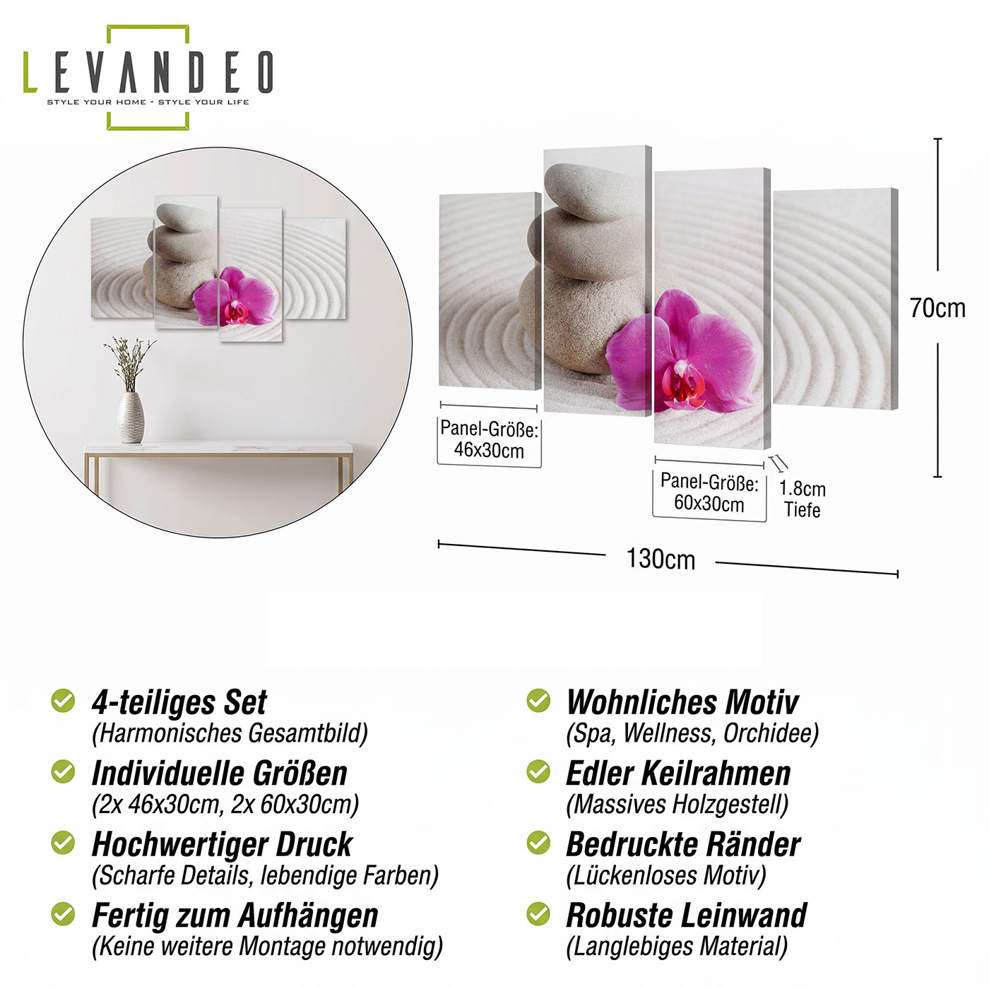 Wandbild 4 teilig Sand Wellness rosa Orchidee Feng Shui  Bild Leinwand