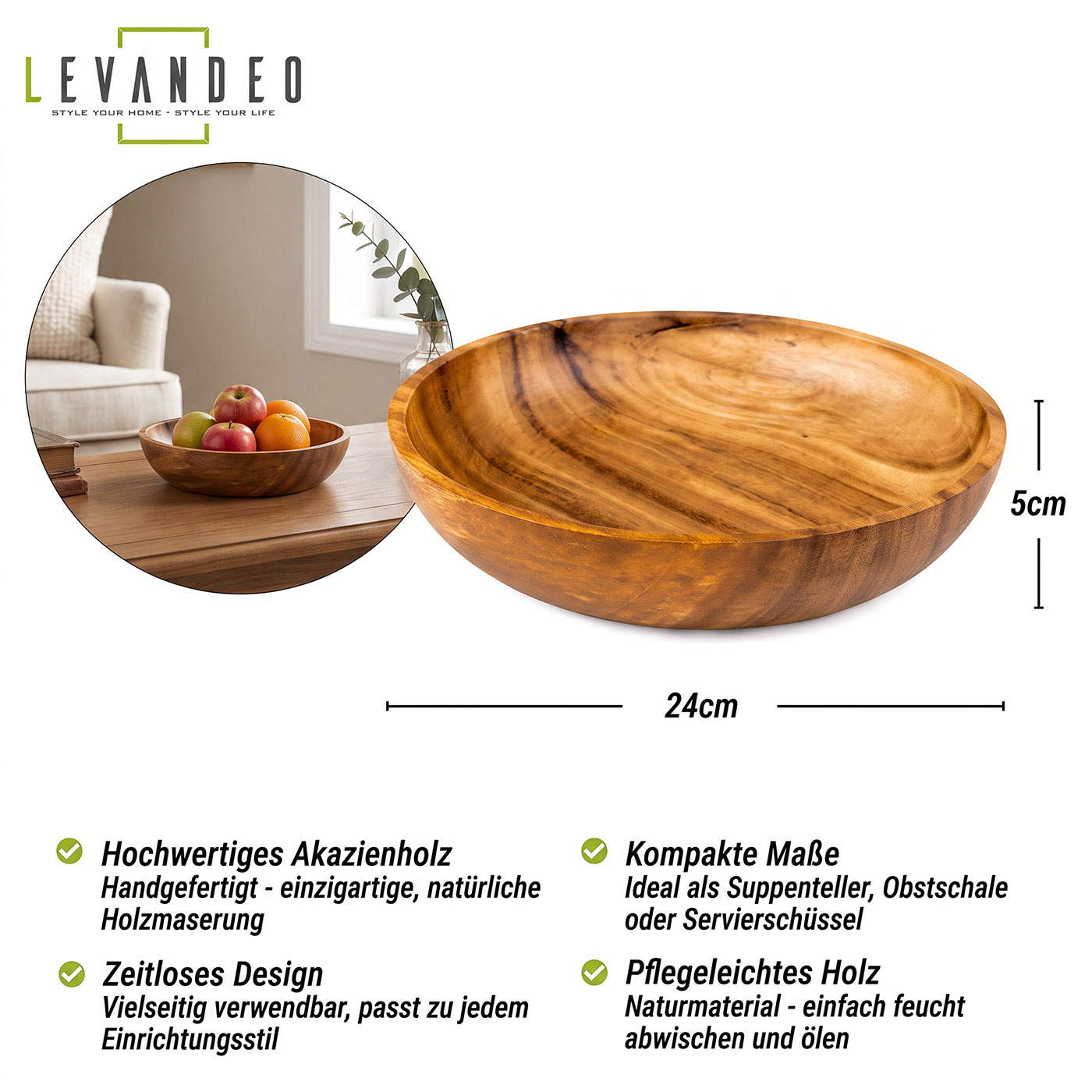 Teller 24cm Rund Akazienholz Suppenteller Obstschale Salatschüssel Holzschale