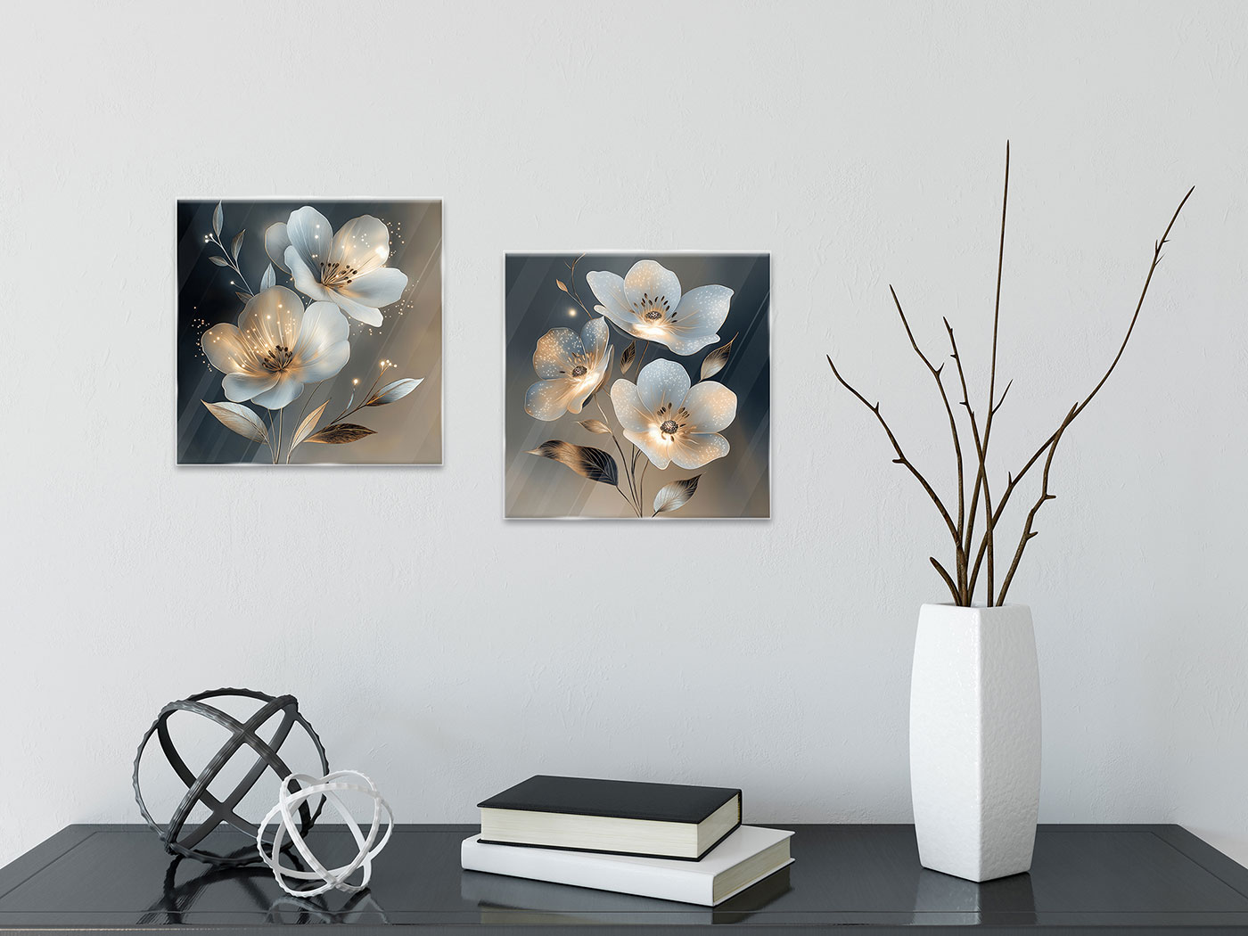 2er Set Wandbild 20x20cm Abstract Floral Art Blumen Glas Kunstdruck Wanddeko