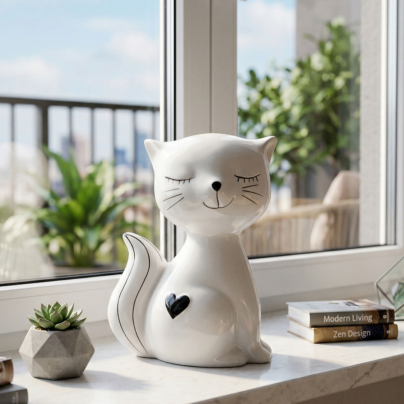 Katze Deko Figur Keramik H17cm Schwarz Weiß Skulptur Tischdeko Herz Wohndeko